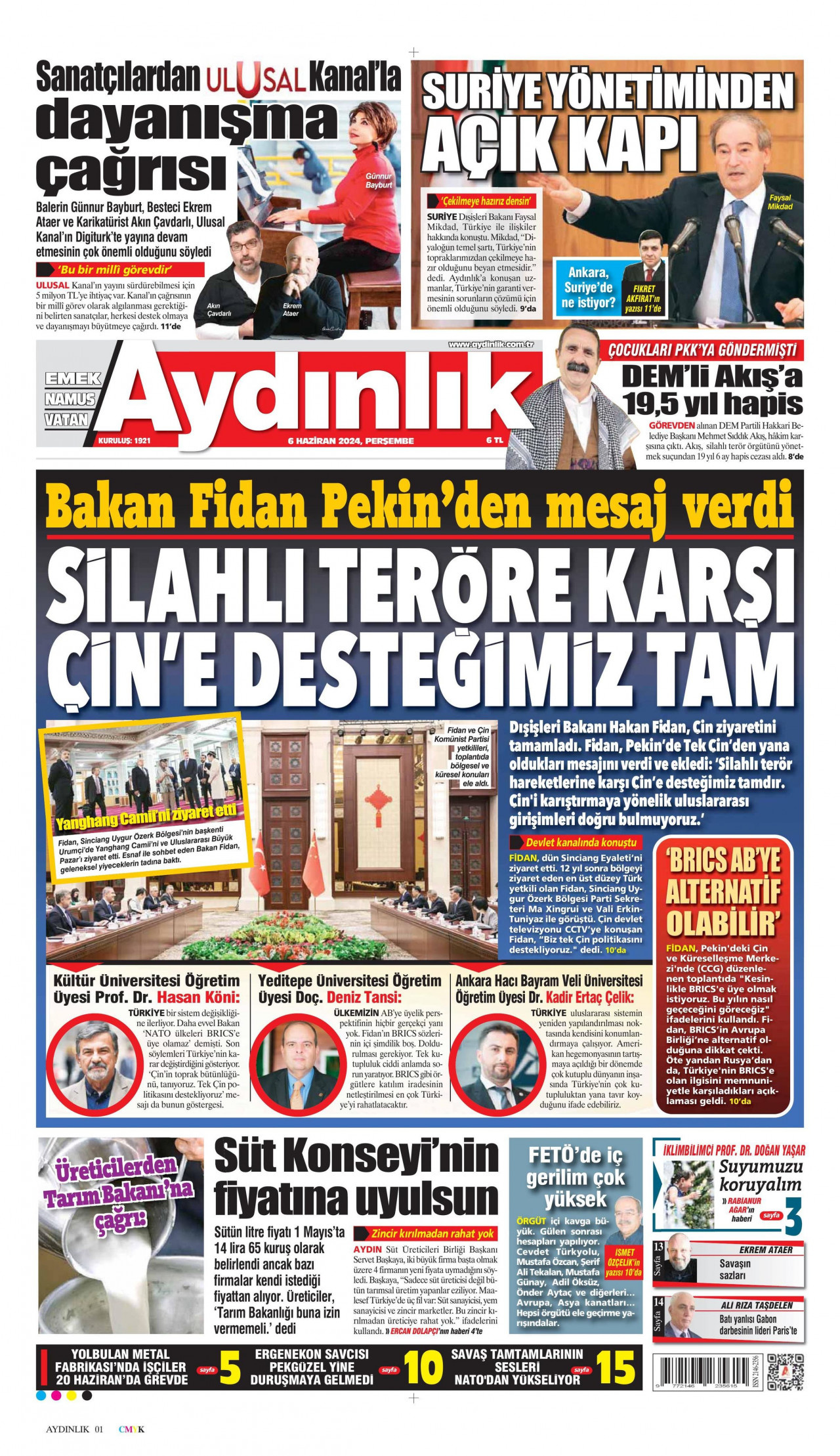 AYDINLIK GAZETESİ gazetesinin 6 Haziran 2024 tarihli birinci sayfası