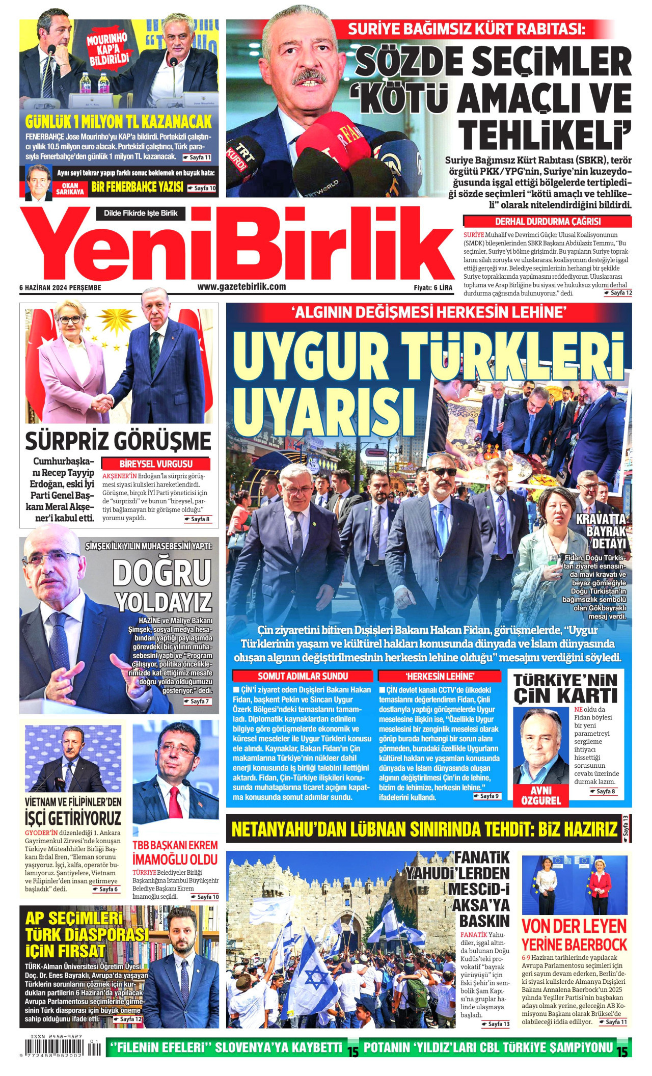 YENİBİRLİK gazetesinin 6 Haziran 2024 tarihli birinci sayfası