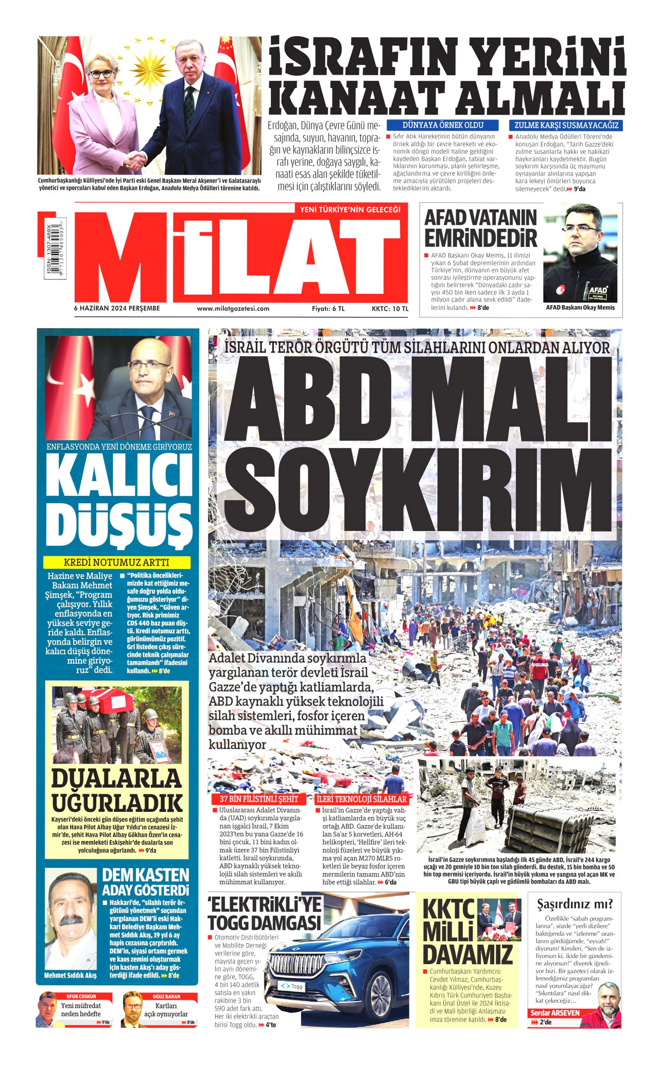 MİLAT gazetesinin 6 Haziran 2024 tarihli birinci sayfası