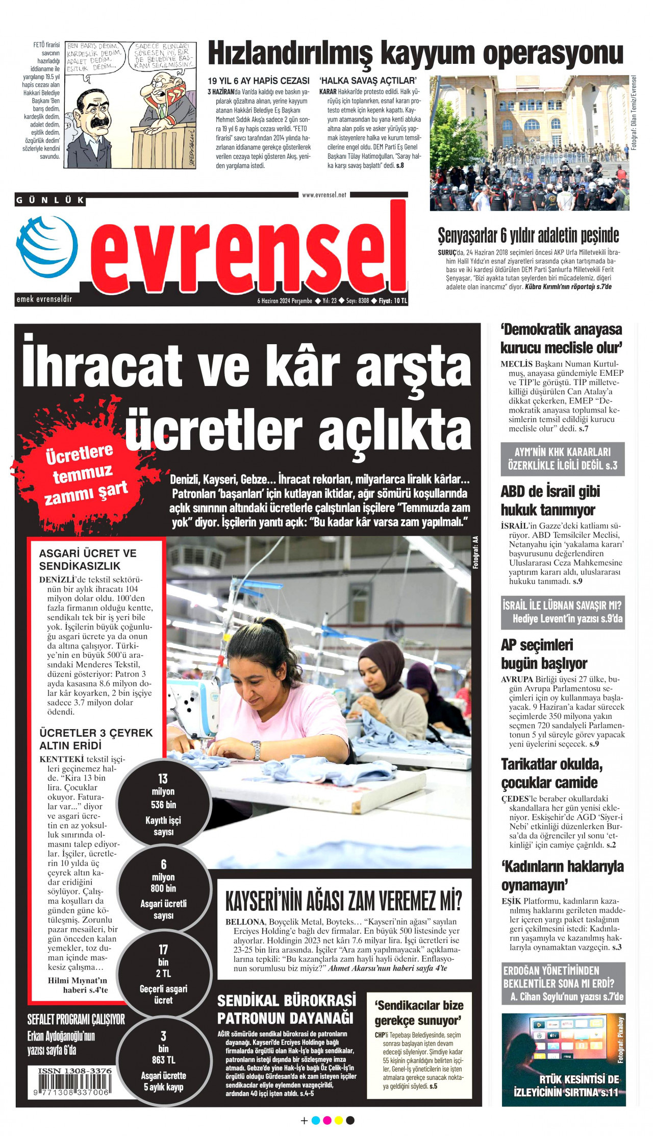 EVRENSEL gazetesinin 6 Haziran 2024 tarihli birinci sayfası