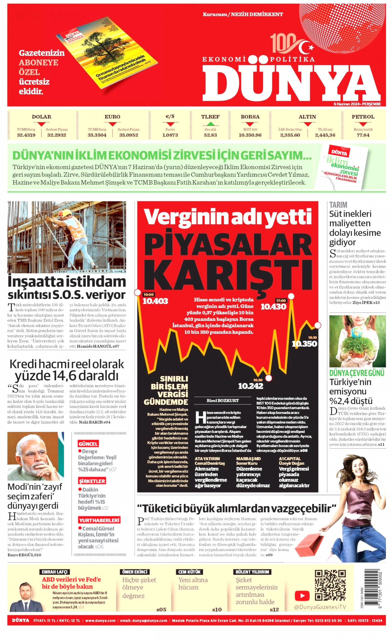 DÜNYA gazetesinin 6 Haziran 2024 tarihli birinci sayfası