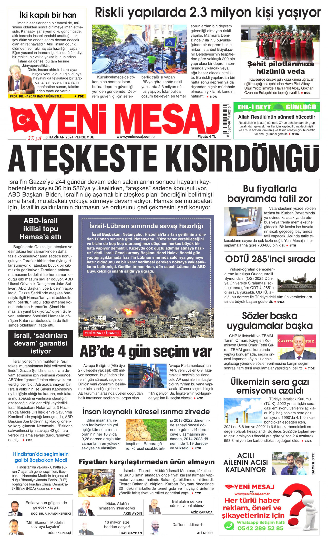 YENİ MESAJ gazetesinin 6 Haziran 2024 tarihli birinci sayfası