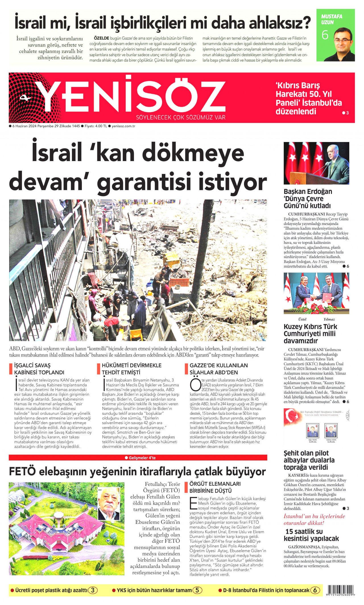 YENİ SÖZ GAZETESİ gazetesinin 6 Haziran 2024 tarihli birinci sayfası