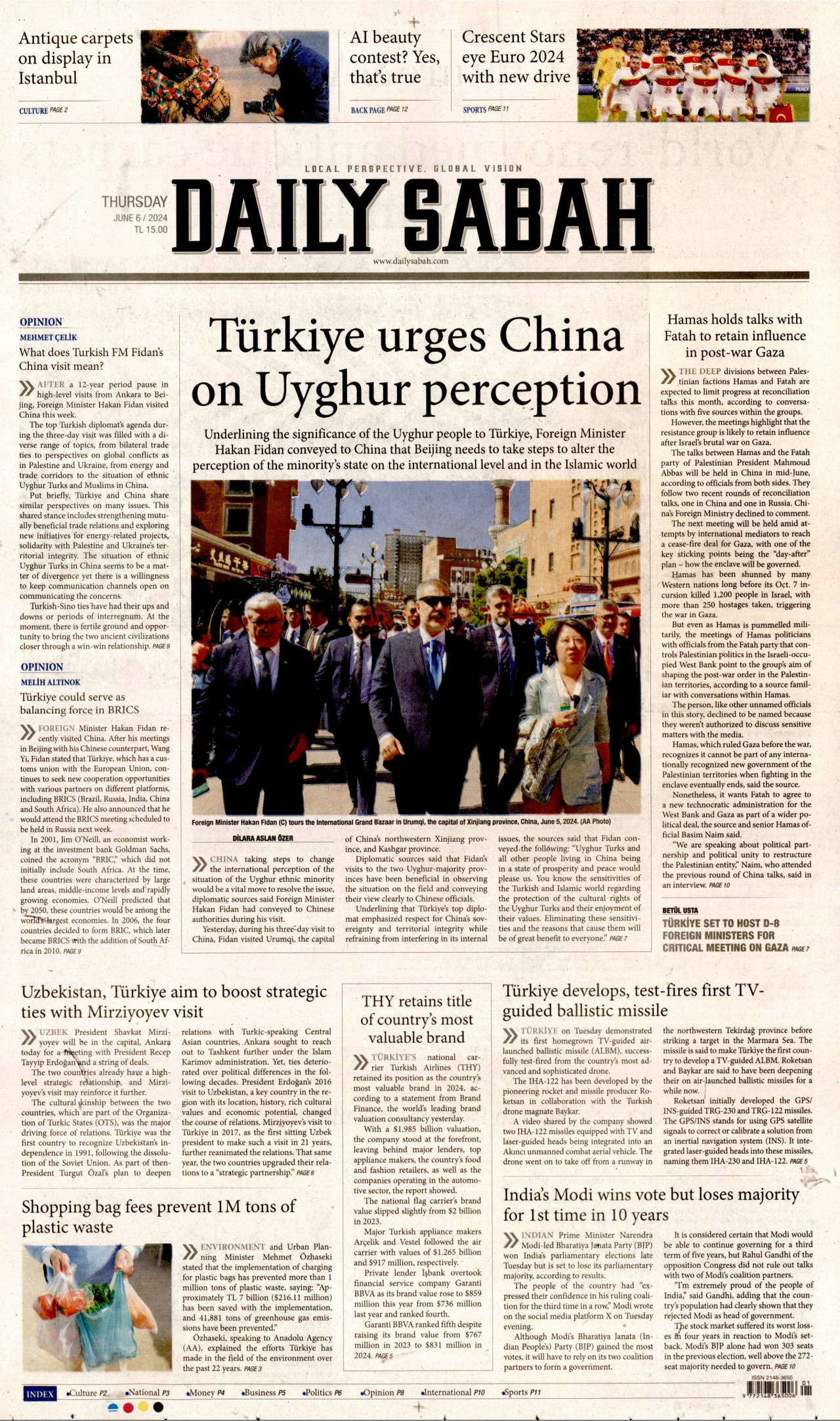 DAİLY SABAH gazetesinin 6 Haziran 2024 tarihli birinci sayfası