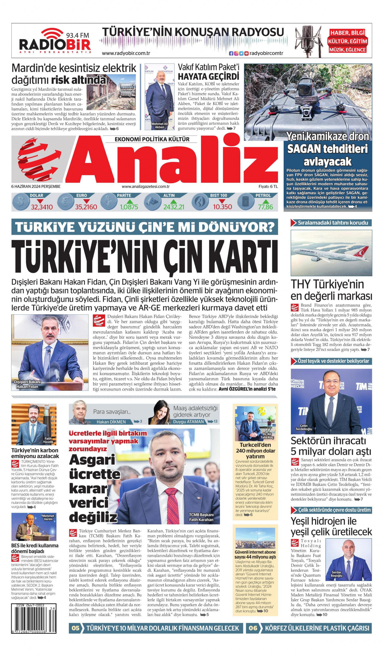 ANALİZ gazetesinin 6 Haziran 2024 tarihli birinci sayfası