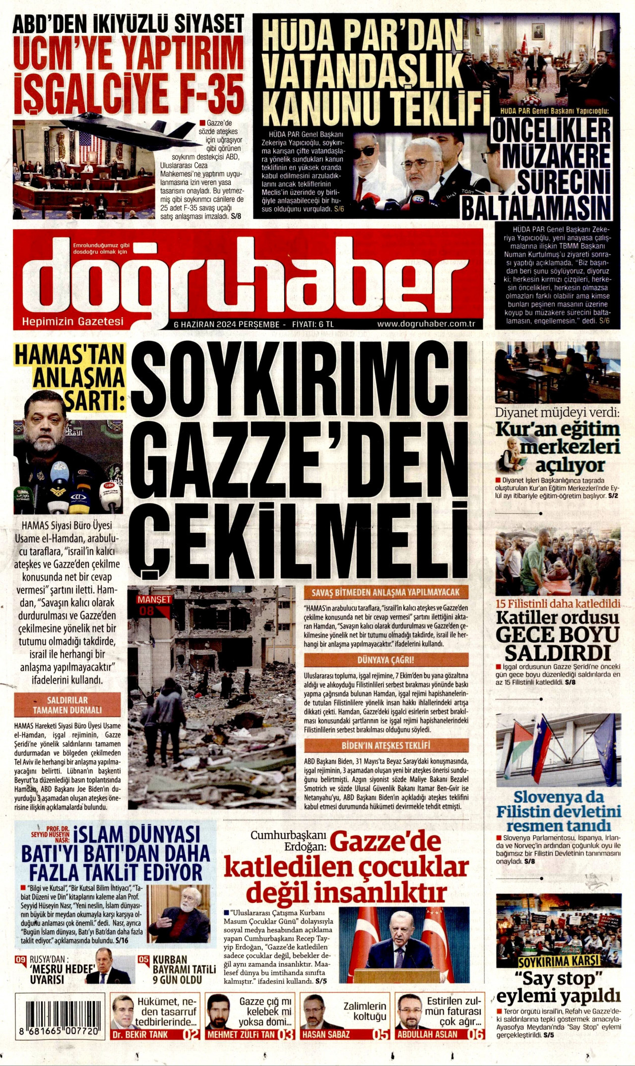 DOĞRU HABER gazetesinin 6 Haziran 2024 tarihli birinci sayfası