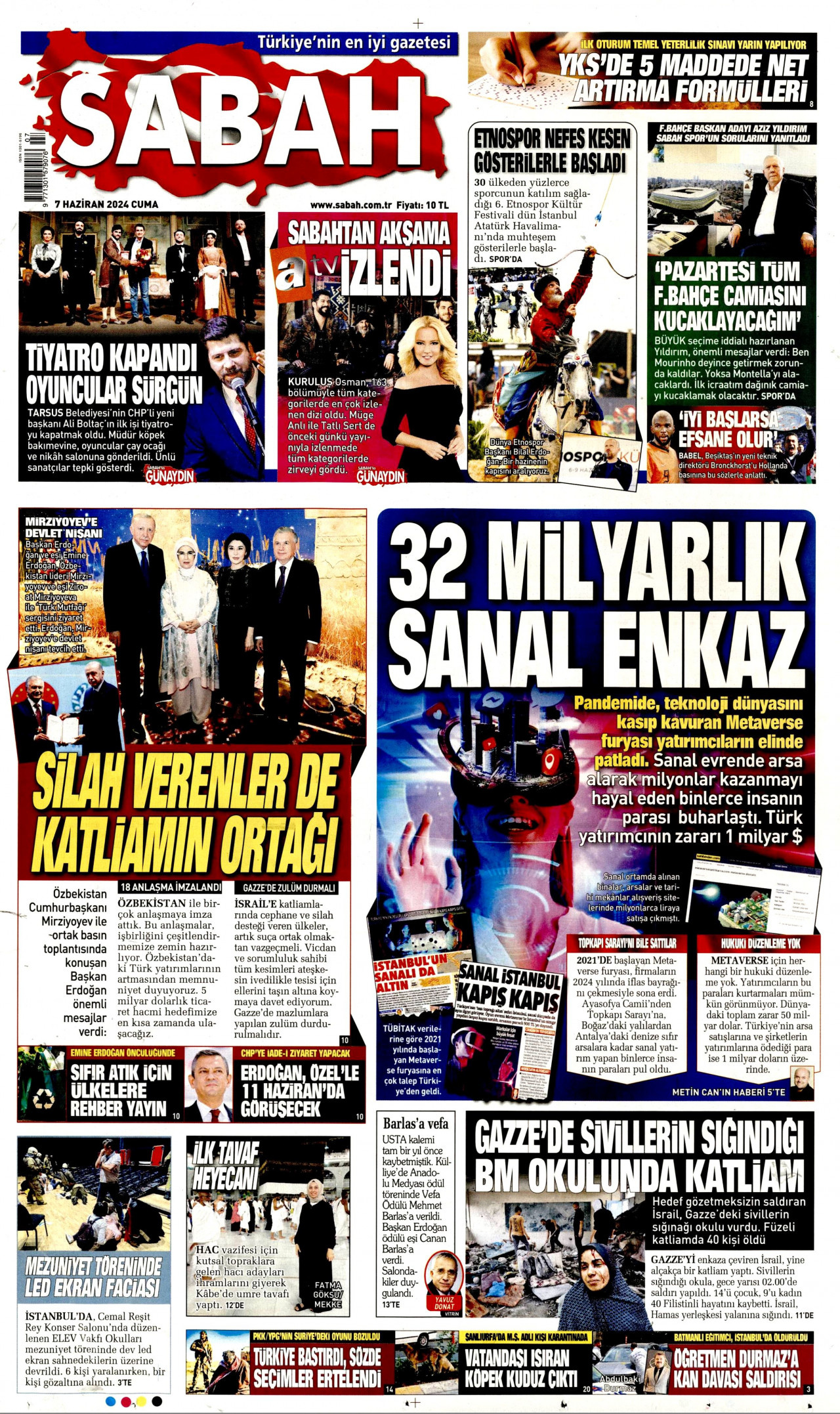 SABAH gazetesinin 7 Haziran 2024 tarihli birinci sayfası