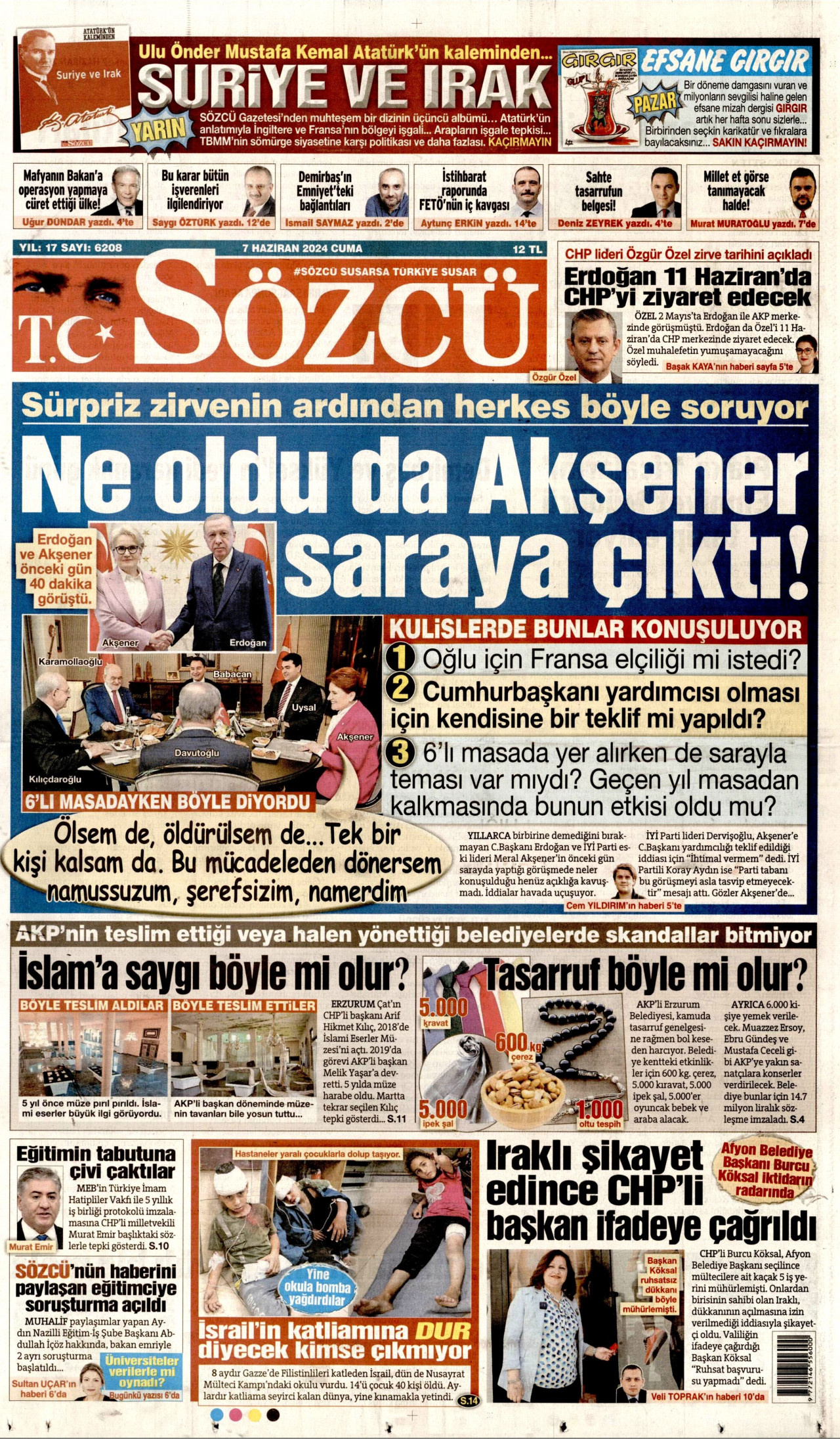 SÖZCÜ gazetesinin 7 Haziran 2024 tarihli birinci sayfası