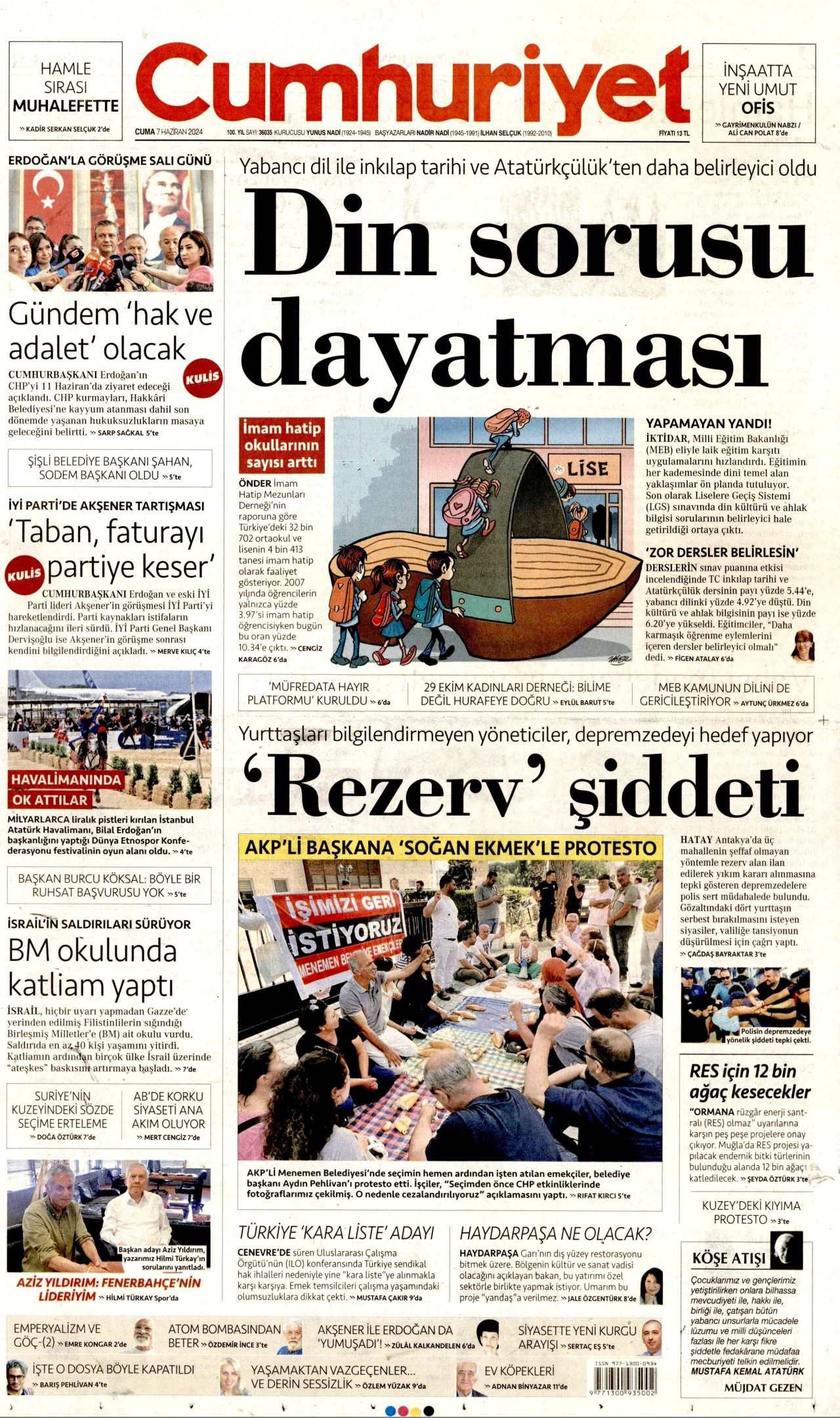 CUMHURİYET gazetesinin 7 Haziran 2024 tarihli birinci sayfası