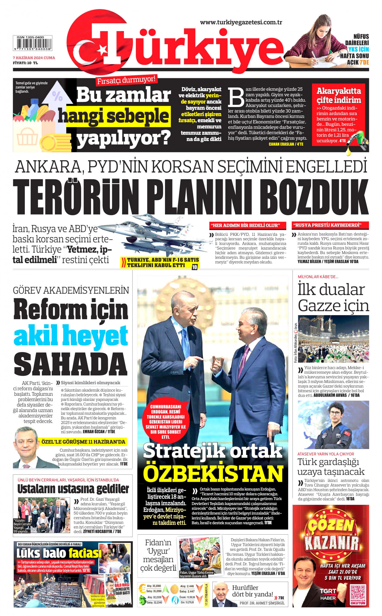 TÜRKİYE GAZETESİ gazetesinin 7 Haziran 2024 tarihli birinci sayfası