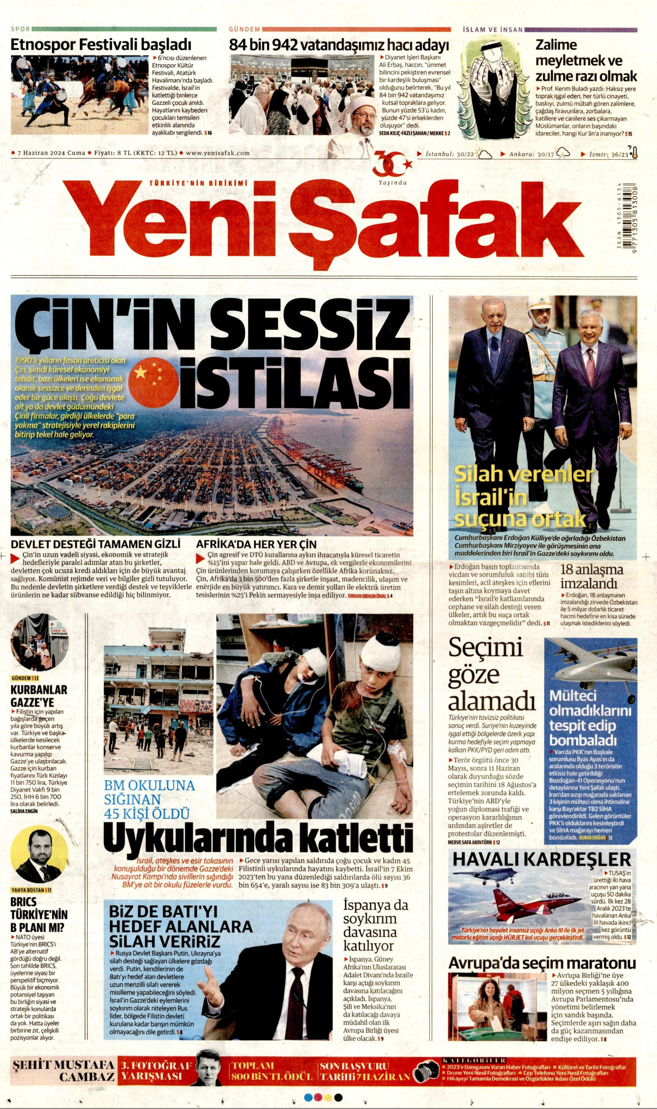 YENİ ŞAFAK gazetesinin 7 Haziran 2024 tarihli birinci sayfası