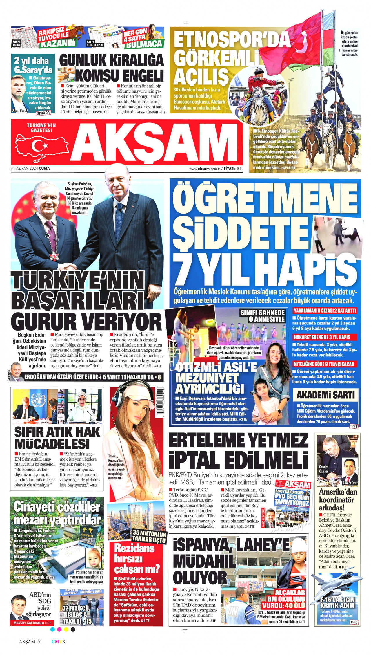 AKŞAM gazetesinin 7 Haziran 2024 tarihli birinci sayfası