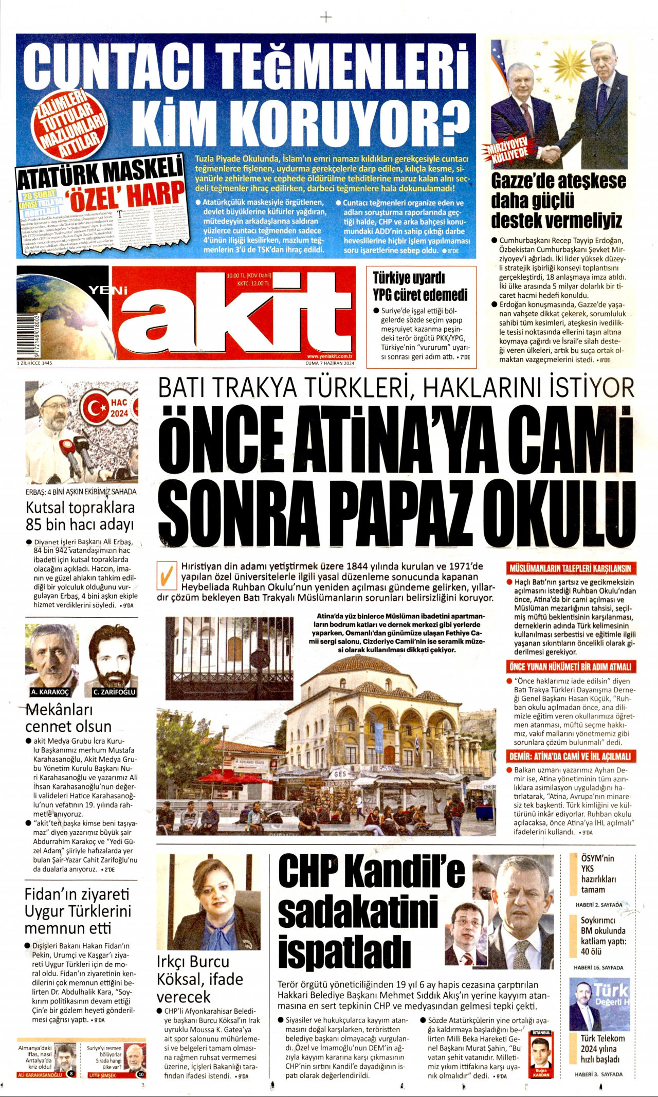 YENİ AKİT gazetesinin 7 Haziran 2024 tarihli birinci sayfası