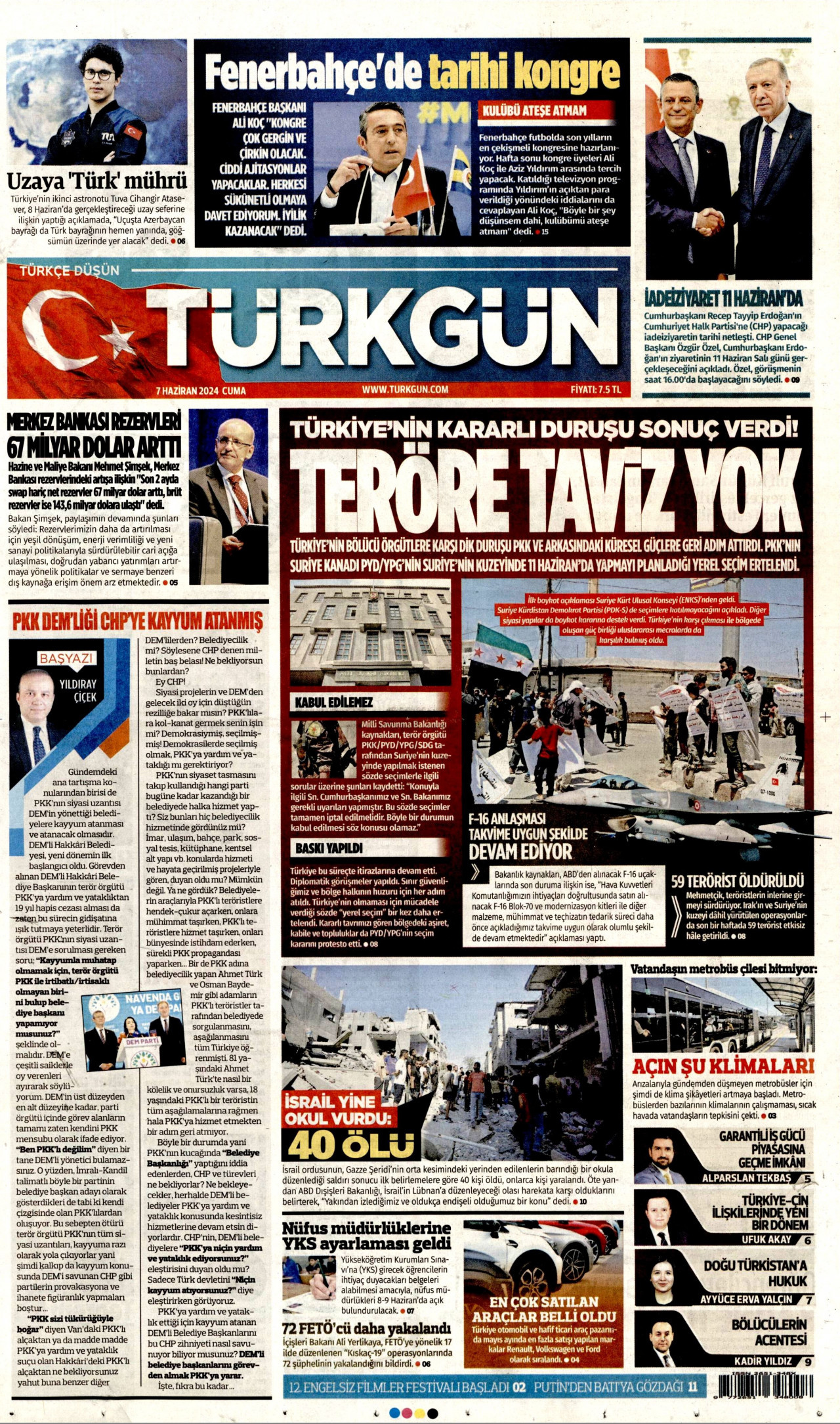 TÜRKGÜN gazetesinin 7 Haziran 2024 tarihli birinci sayfası