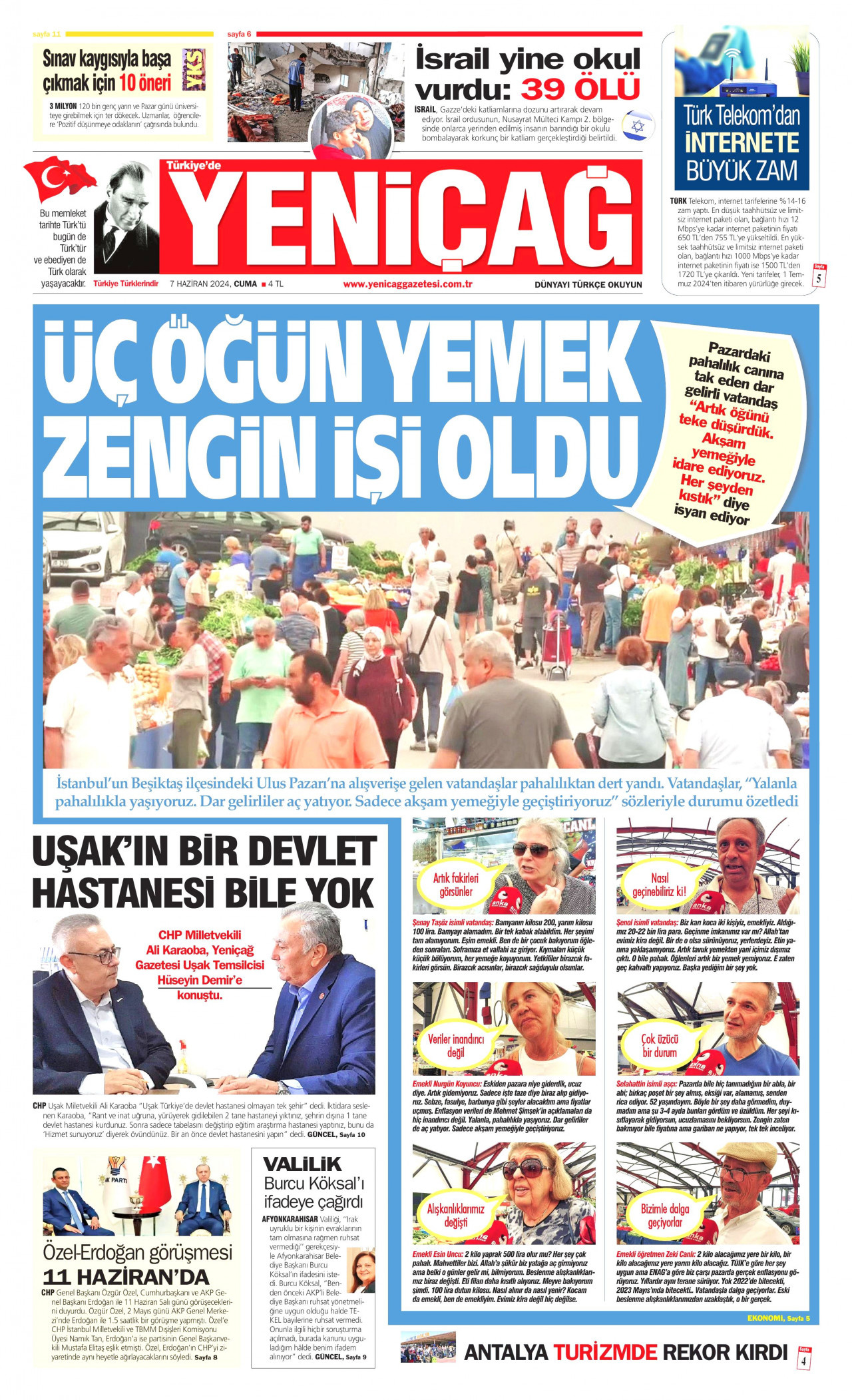 YENİÇAĞ gazetesinin 7 Haziran 2024 tarihli birinci sayfası