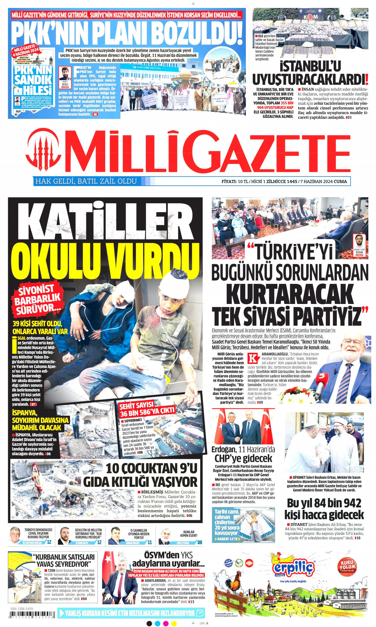 MİLLİ GAZETE gazetesinin 7 Haziran 2024 tarihli birinci sayfası