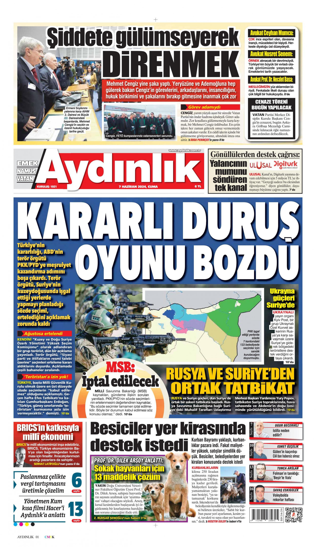AYDINLIK GAZETESİ gazetesinin 7 Haziran 2024 tarihli birinci sayfası