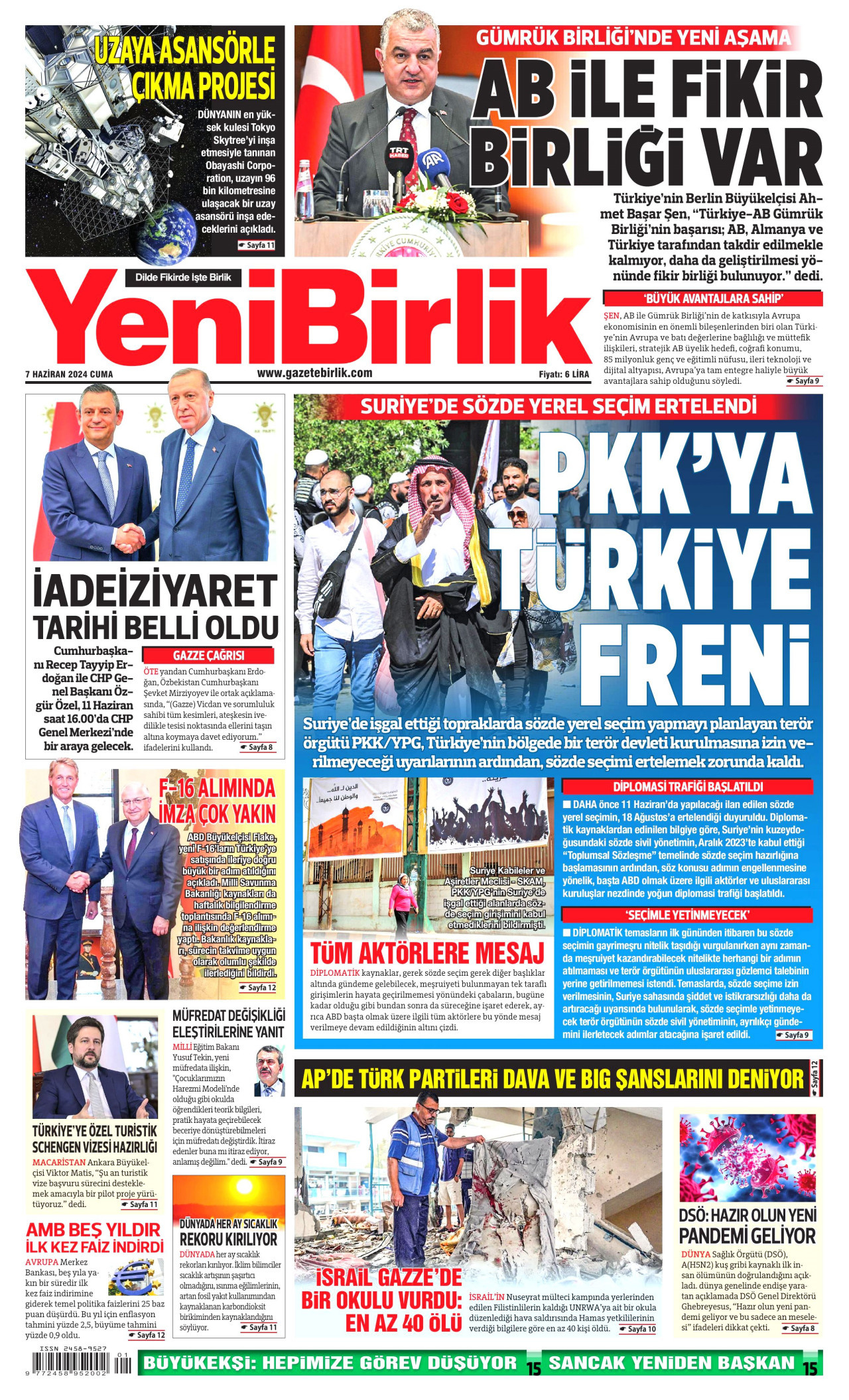 YENİBİRLİK gazetesinin 7 Haziran 2024 tarihli birinci sayfası