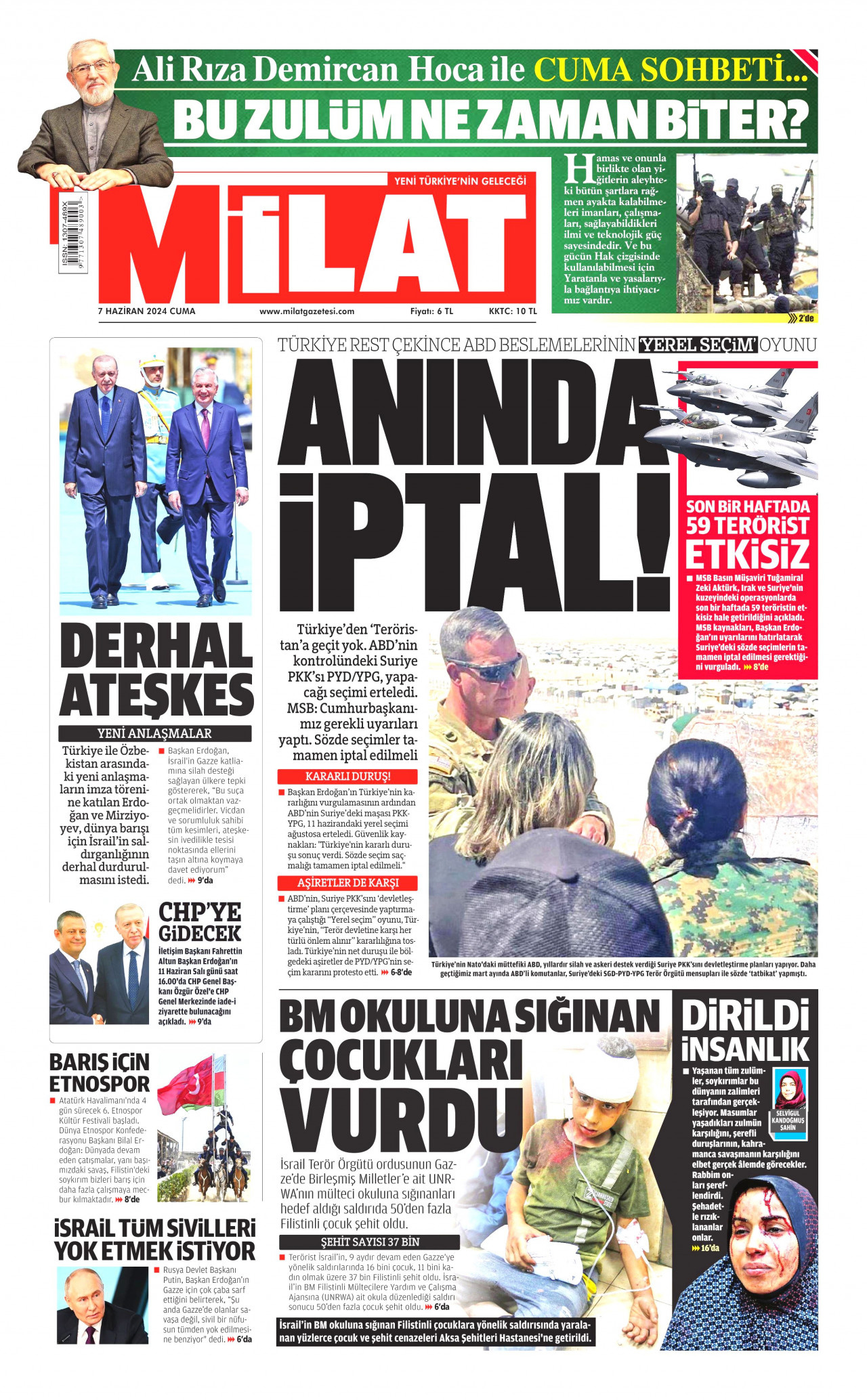 MİLAT gazetesinin 7 Haziran 2024 tarihli birinci sayfası