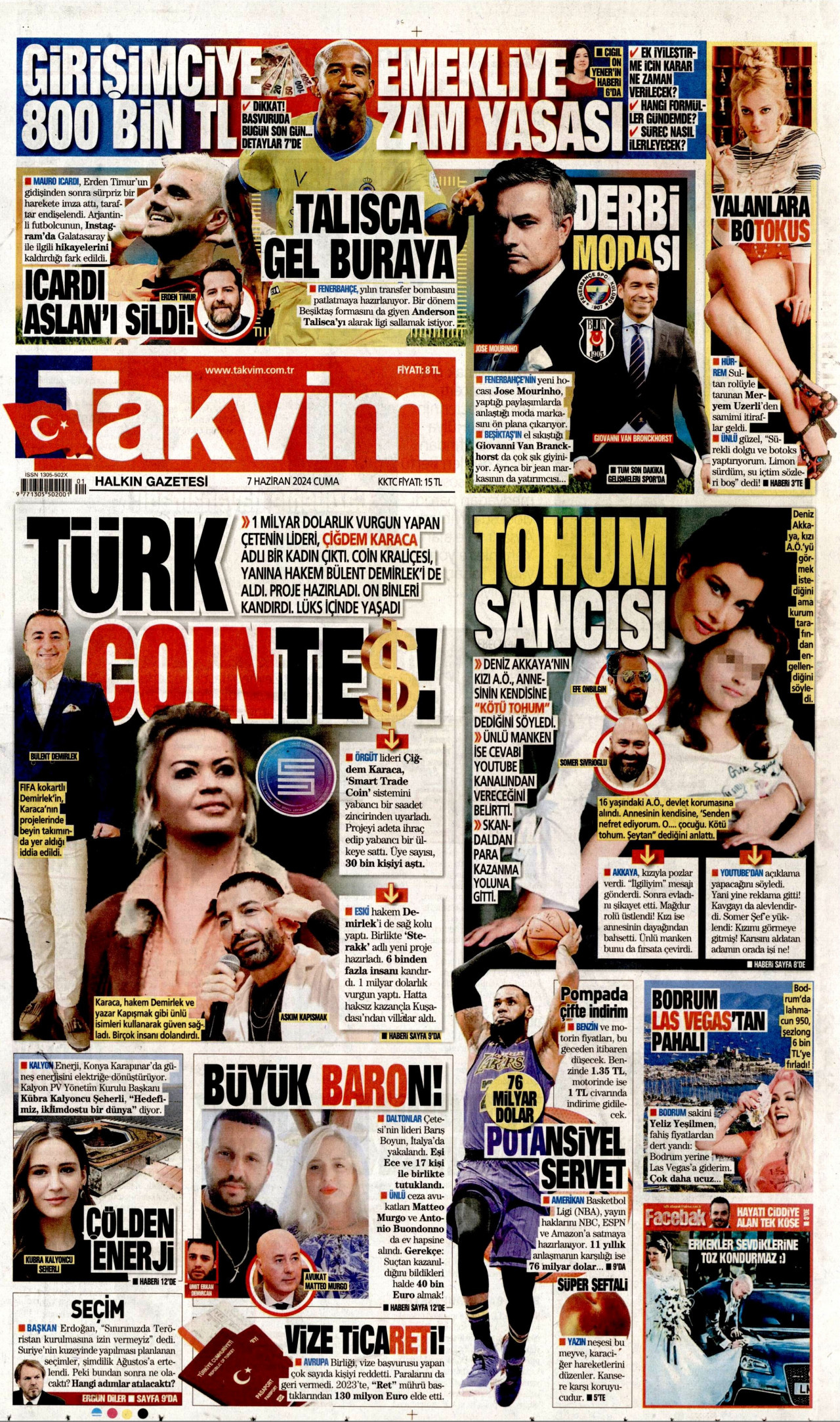 TAKVİM gazetesinin 7 Haziran 2024 tarihli birinci sayfası