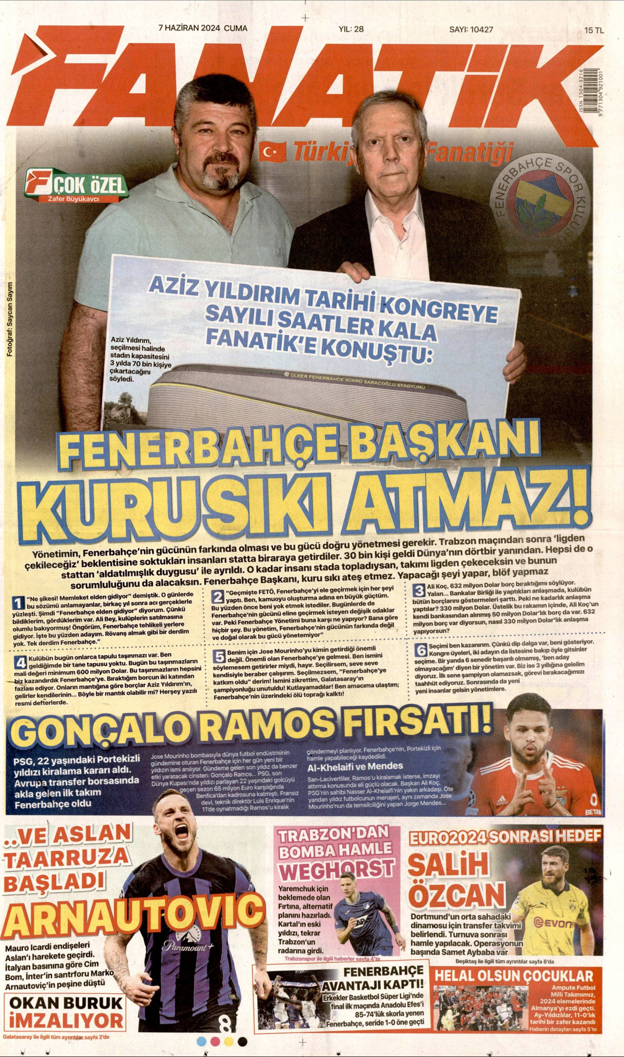 FANATİK gazetesinin 7 Haziran 2024 tarihli birinci sayfası