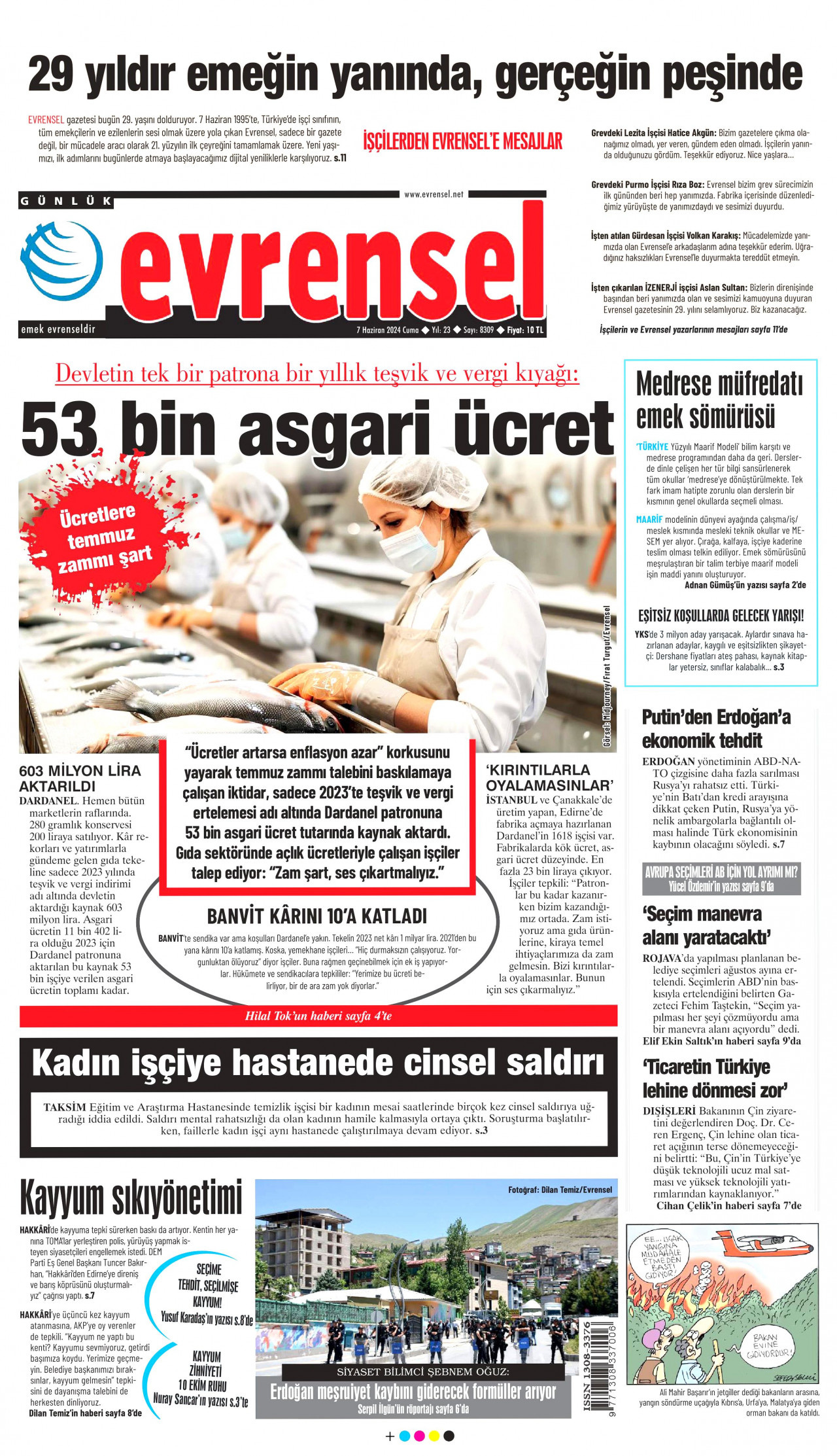 EVRENSEL gazetesinin 7 Haziran 2024 tarihli birinci sayfası