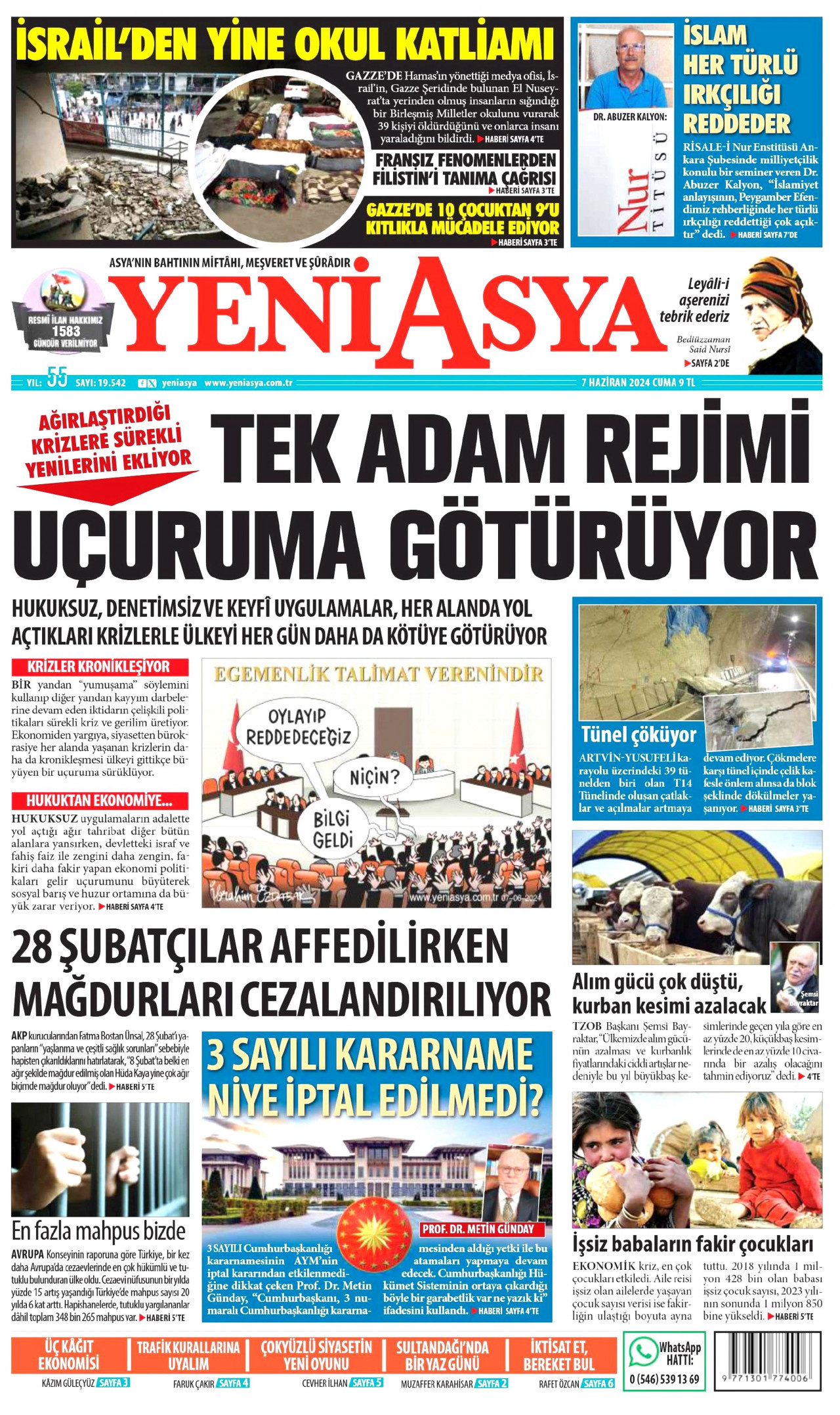YENİ ASYA gazetesinin 7 Haziran 2024 tarihli birinci sayfası