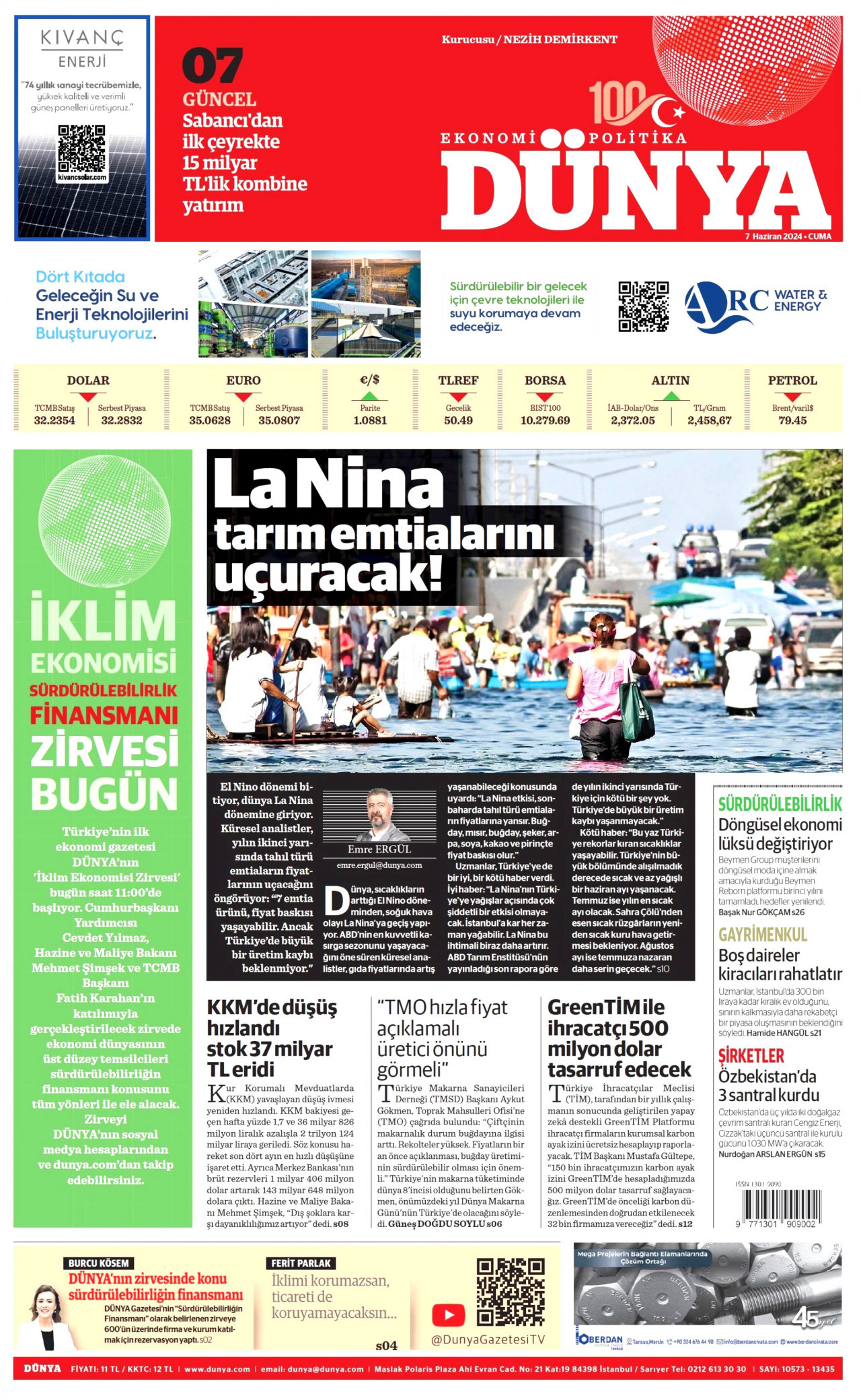 DÜNYA gazetesinin 7 Haziran 2024 tarihli birinci sayfası