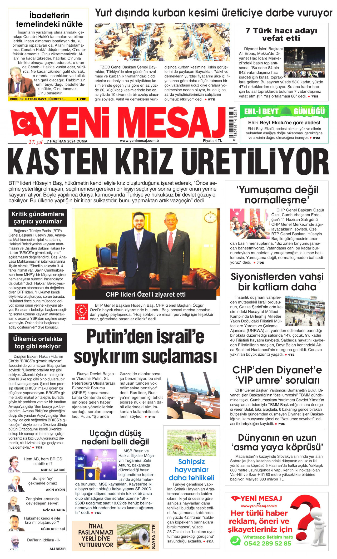 YENİ MESAJ gazetesinin 7 Haziran 2024 tarihli birinci sayfası