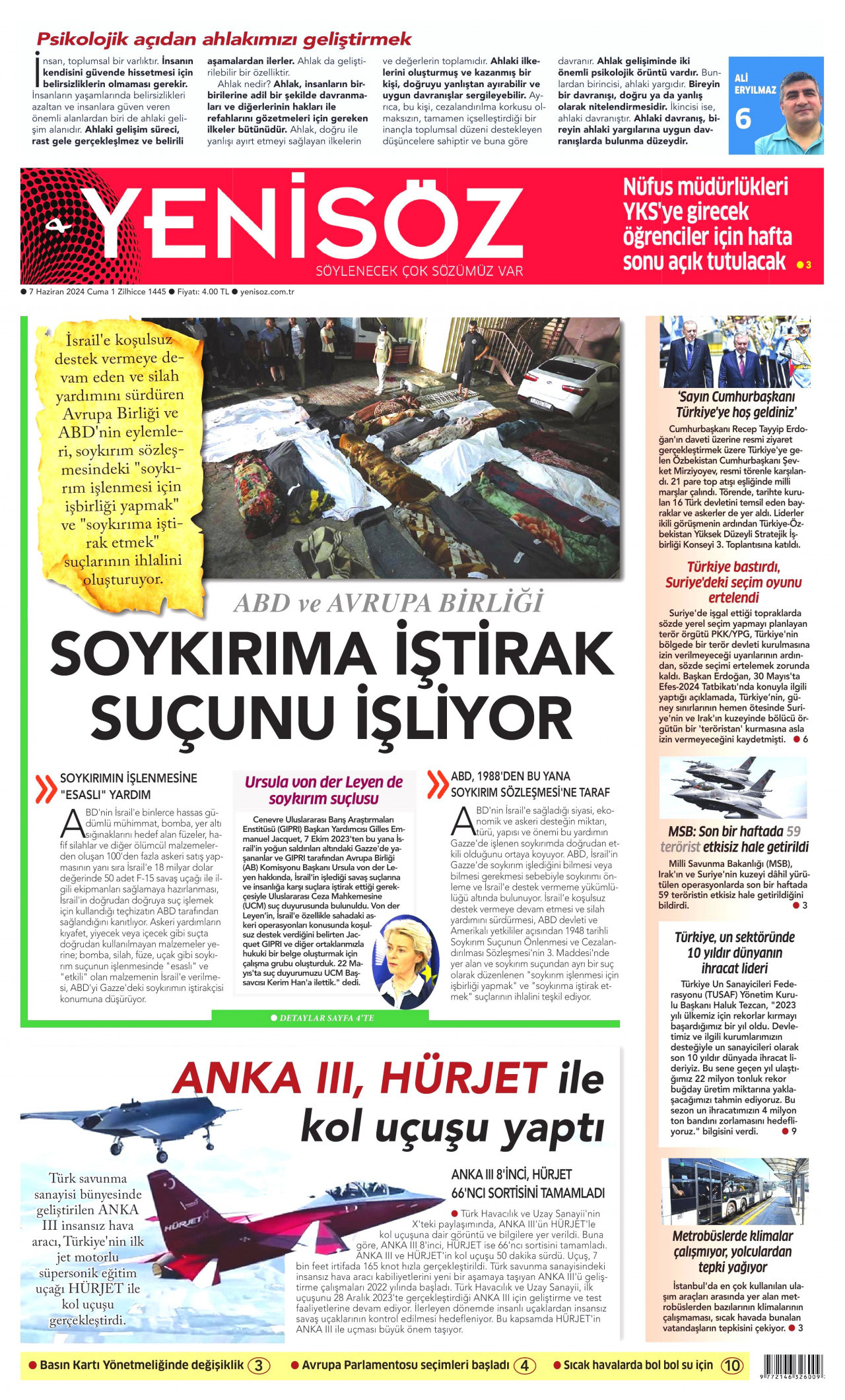 YENİ SÖZ GAZETESİ gazetesinin 7 Haziran 2024 tarihli birinci sayfası