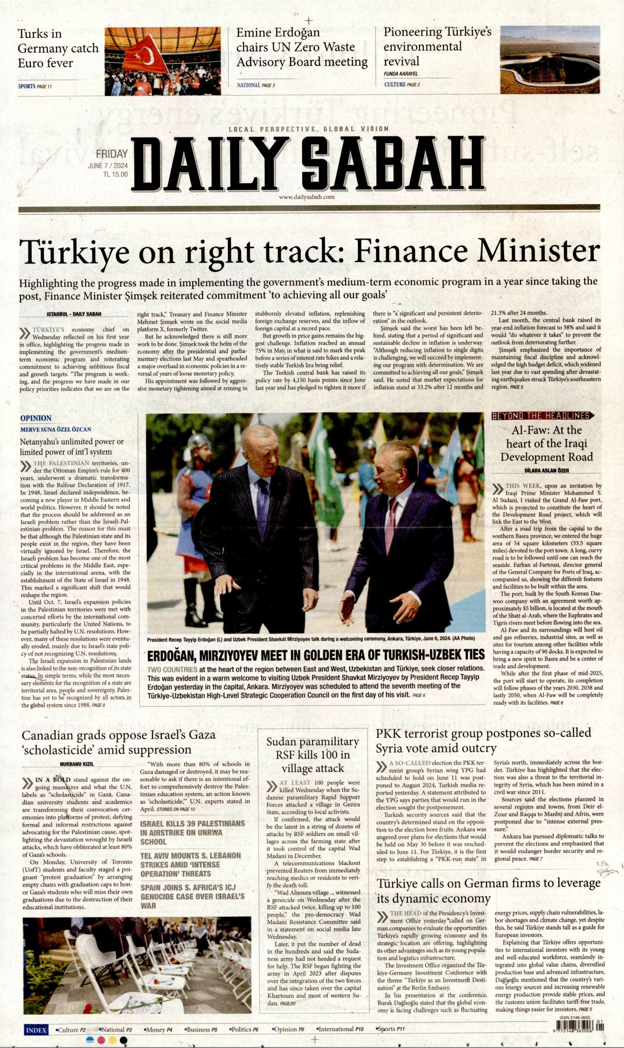 DAİLY SABAH gazetesinin 7 Haziran 2024 tarihli birinci sayfası
