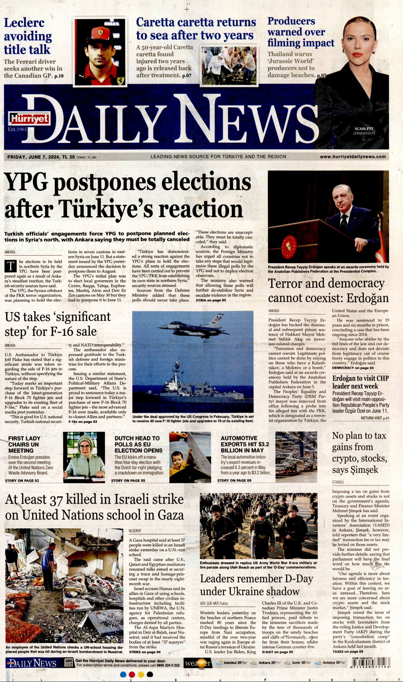 HÜRRİYET DAİLY NEWS gazetesinin 7 Haziran 2024 tarihli birinci sayfası