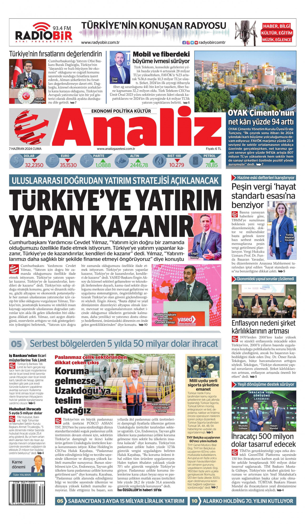 ANALİZ gazetesinin 7 Haziran 2024 tarihli birinci sayfası