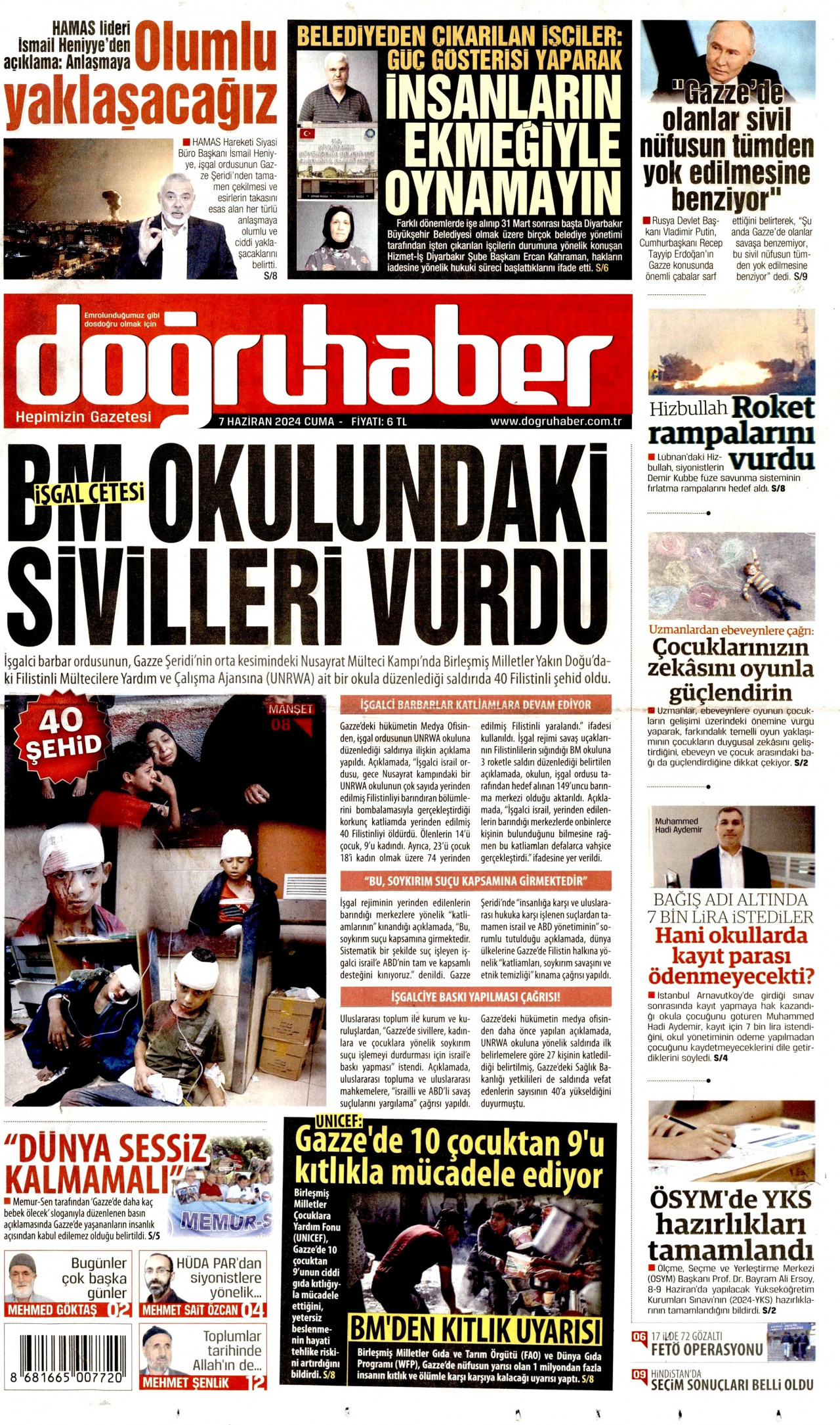 DOĞRU HABER gazetesinin 7 Haziran 2024 tarihli birinci sayfası