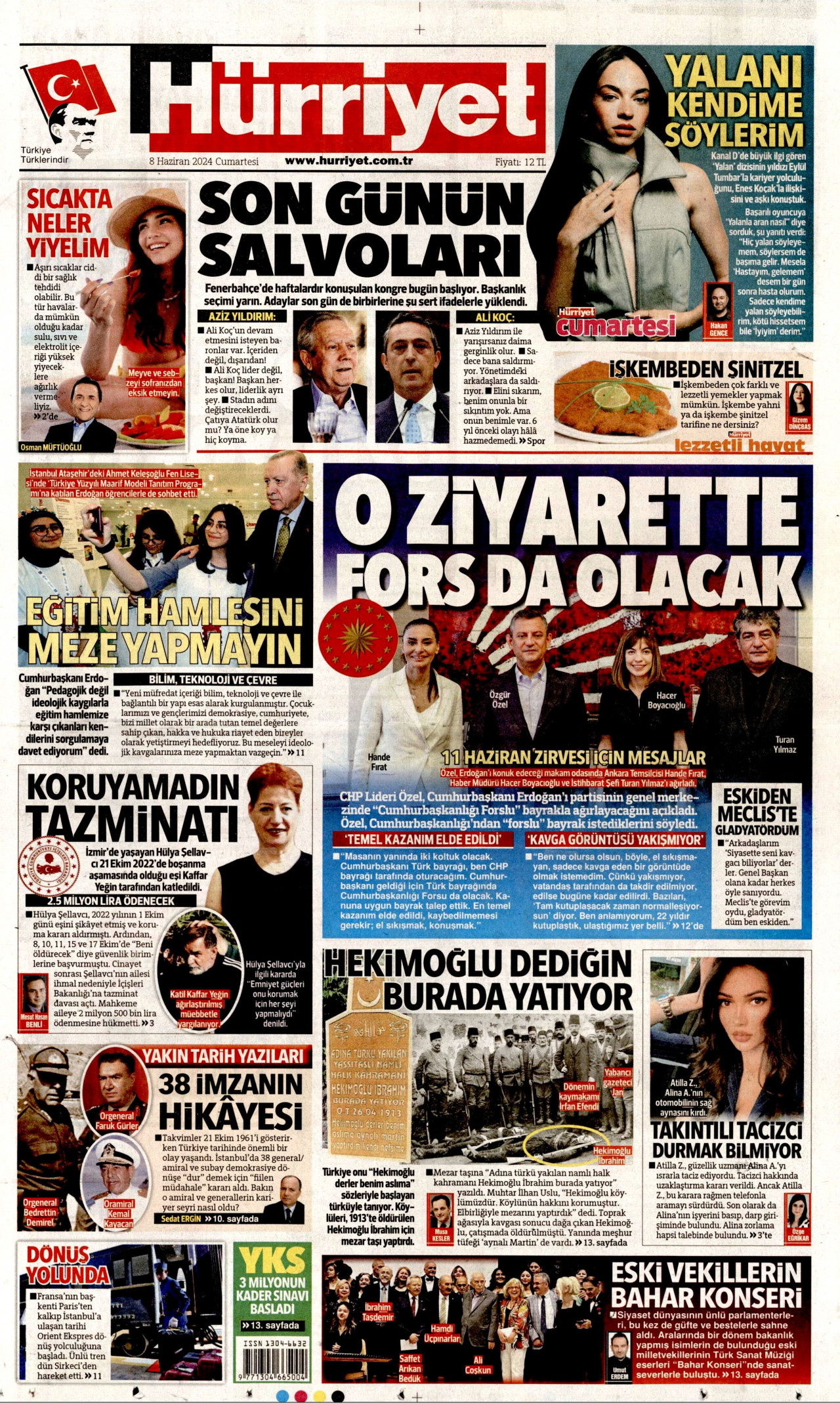 HÜRRİYET gazetesinin 8 Haziran 2024 tarihli birinci sayfası