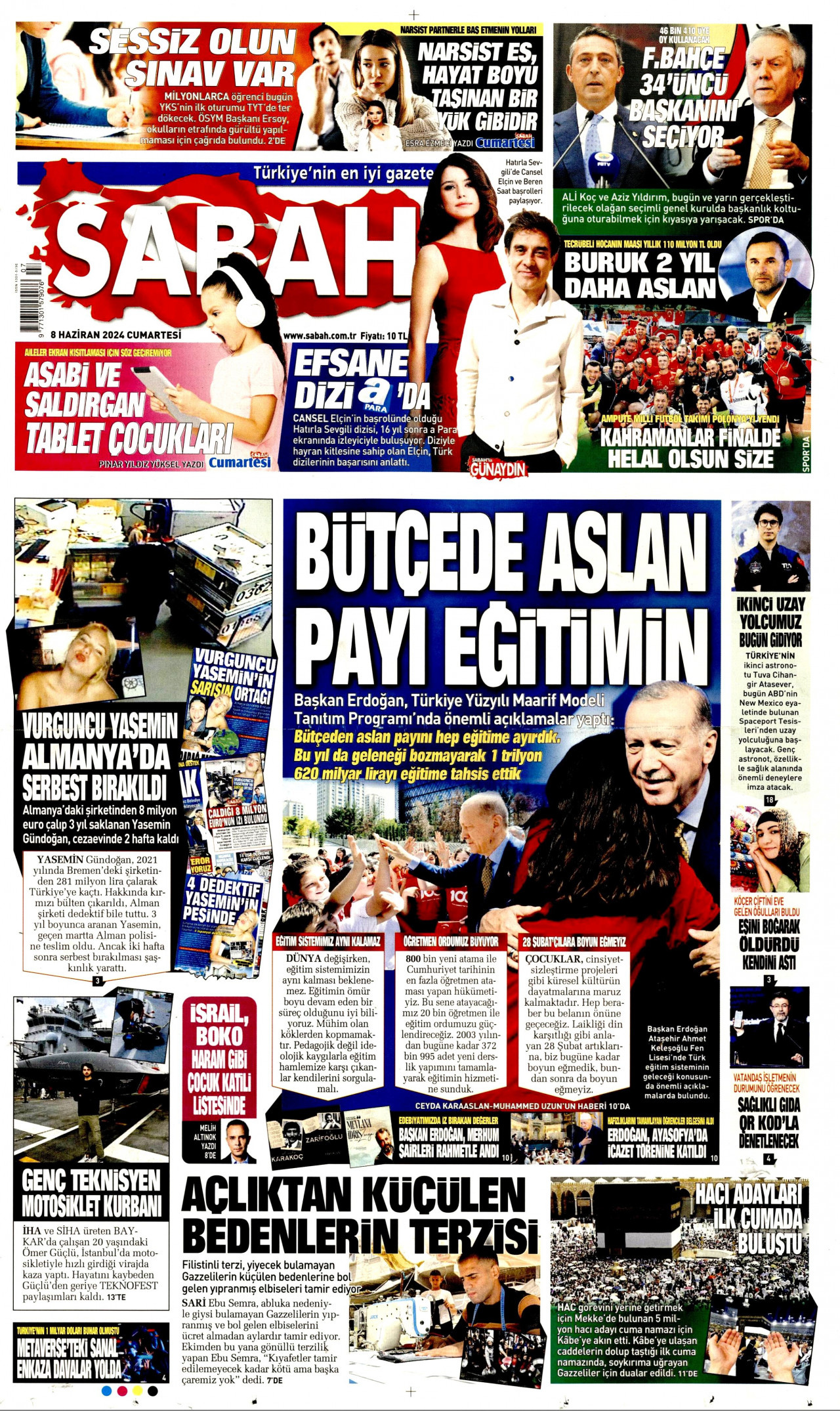 SABAH gazetesinin 8 Haziran 2024 tarihli birinci sayfası