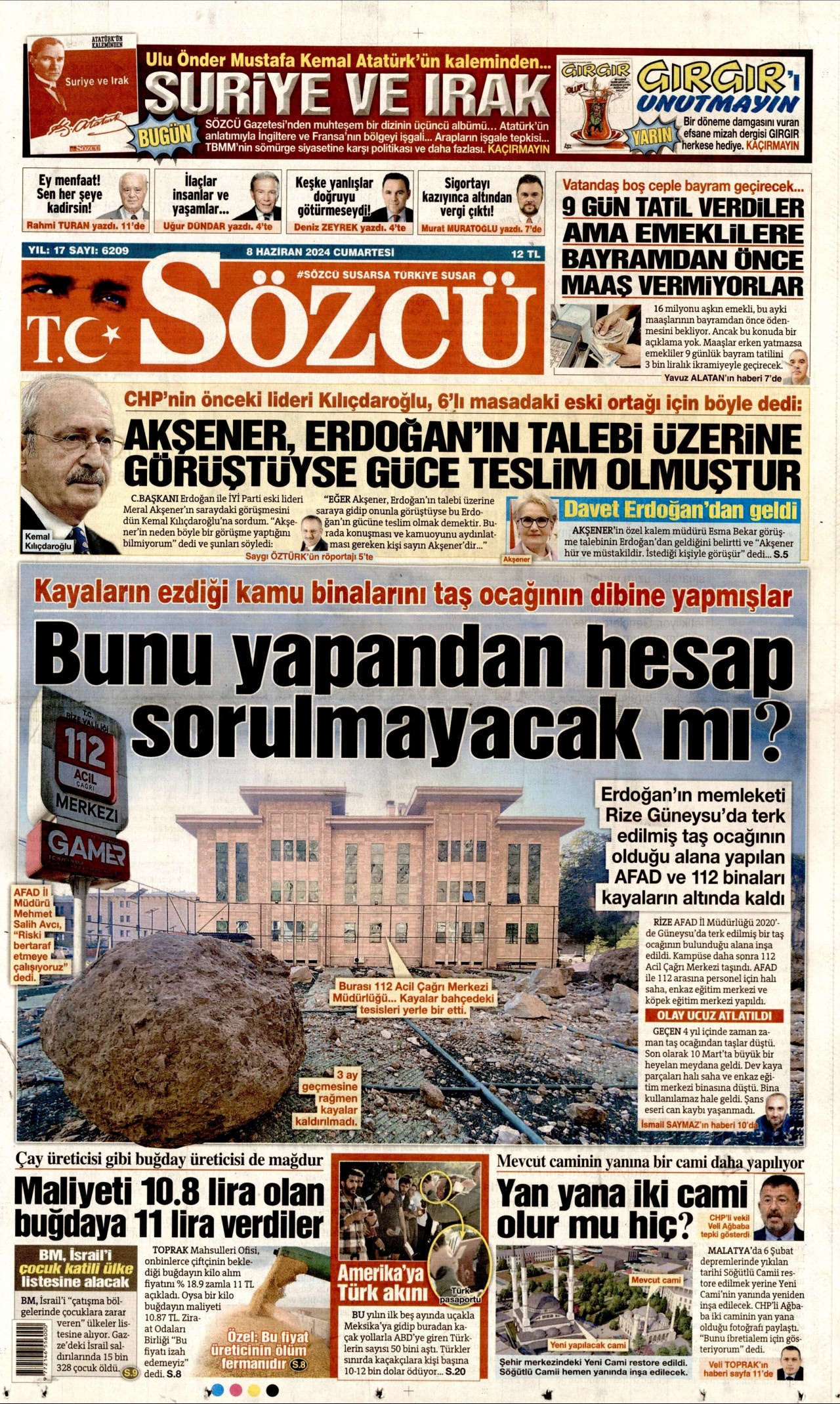 SÖZCÜ gazetesinin 8 Haziran 2024 tarihli birinci sayfası