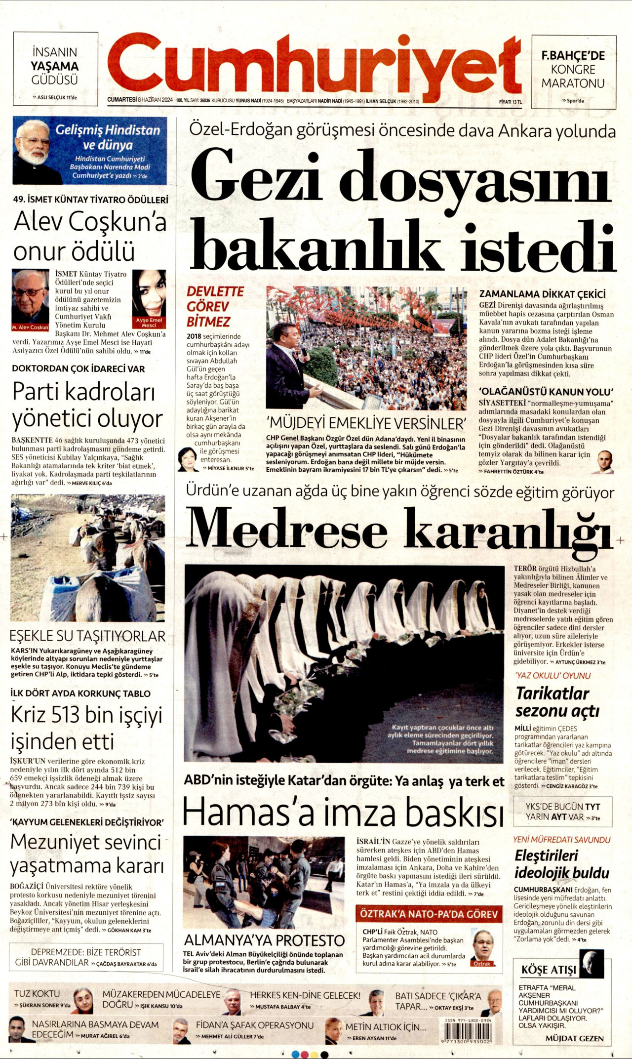 CUMHURİYET gazetesinin 8 Haziran 2024 tarihli birinci sayfası