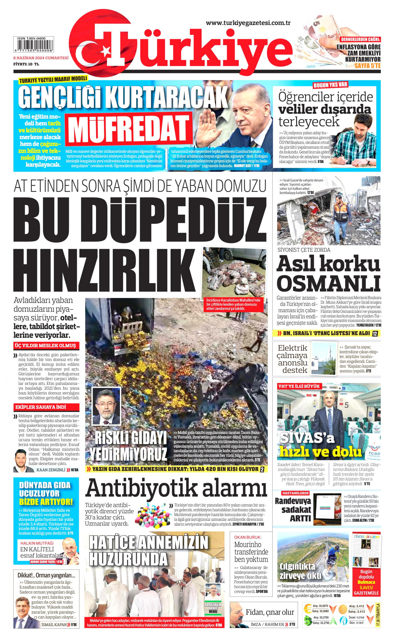 TÜRKİYE GAZETESİ gazetesinin 8 Haziran 2024 tarihli birinci sayfası