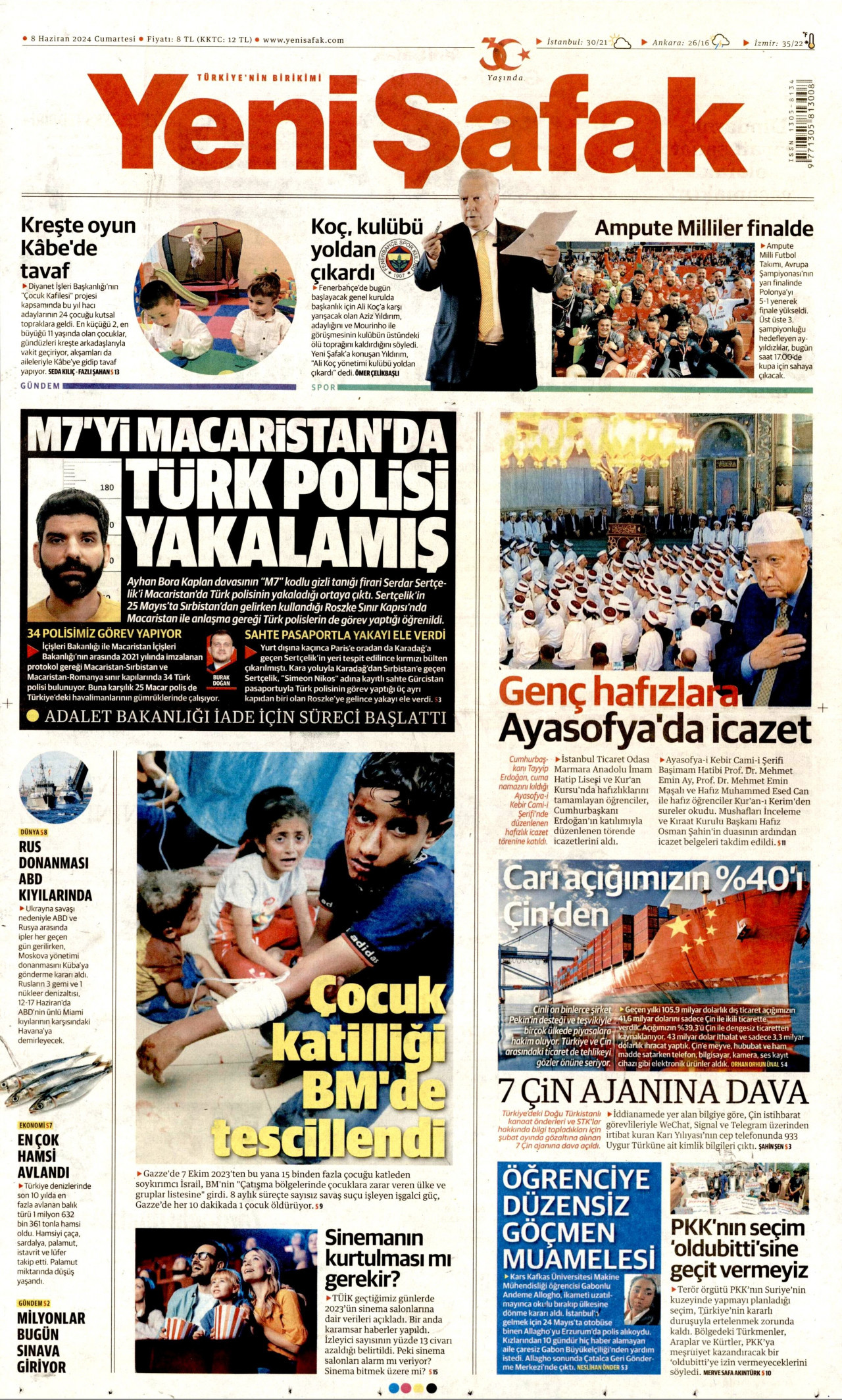 YENİ ŞAFAK gazetesinin 8 Haziran 2024 tarihli birinci sayfası