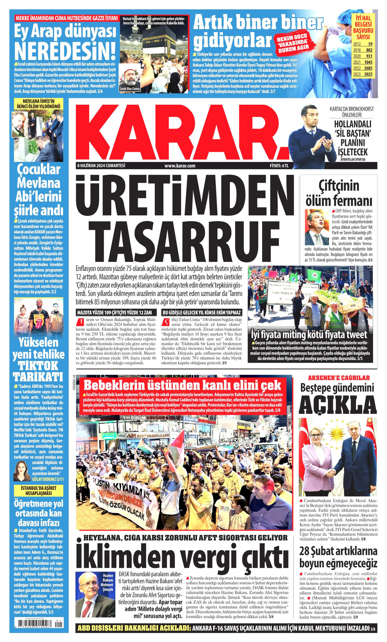 KARAR gazetesinin 8 Haziran 2024 tarihli birinci sayfası