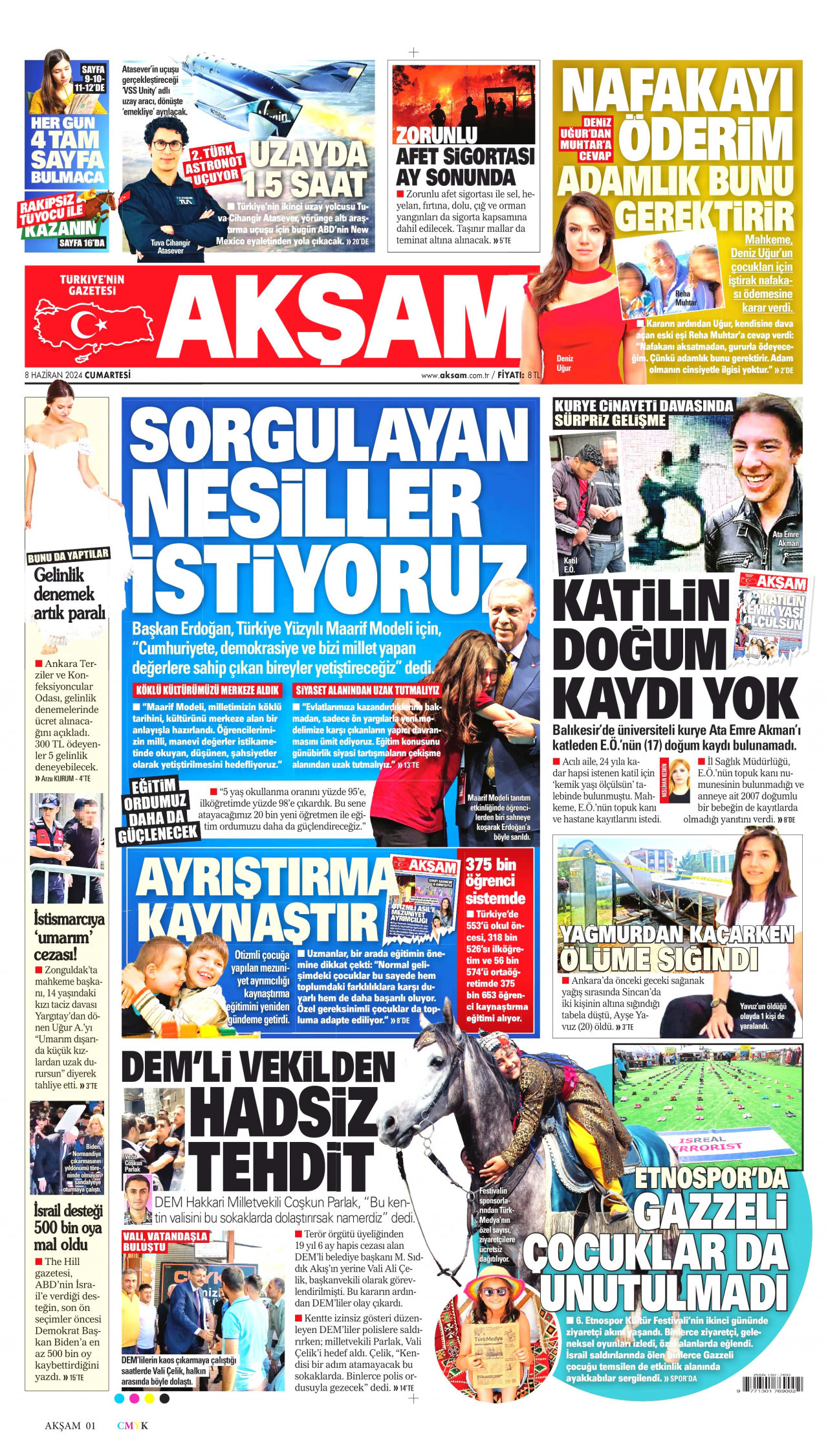 AKŞAM gazetesinin 8 Haziran 2024 tarihli birinci sayfası