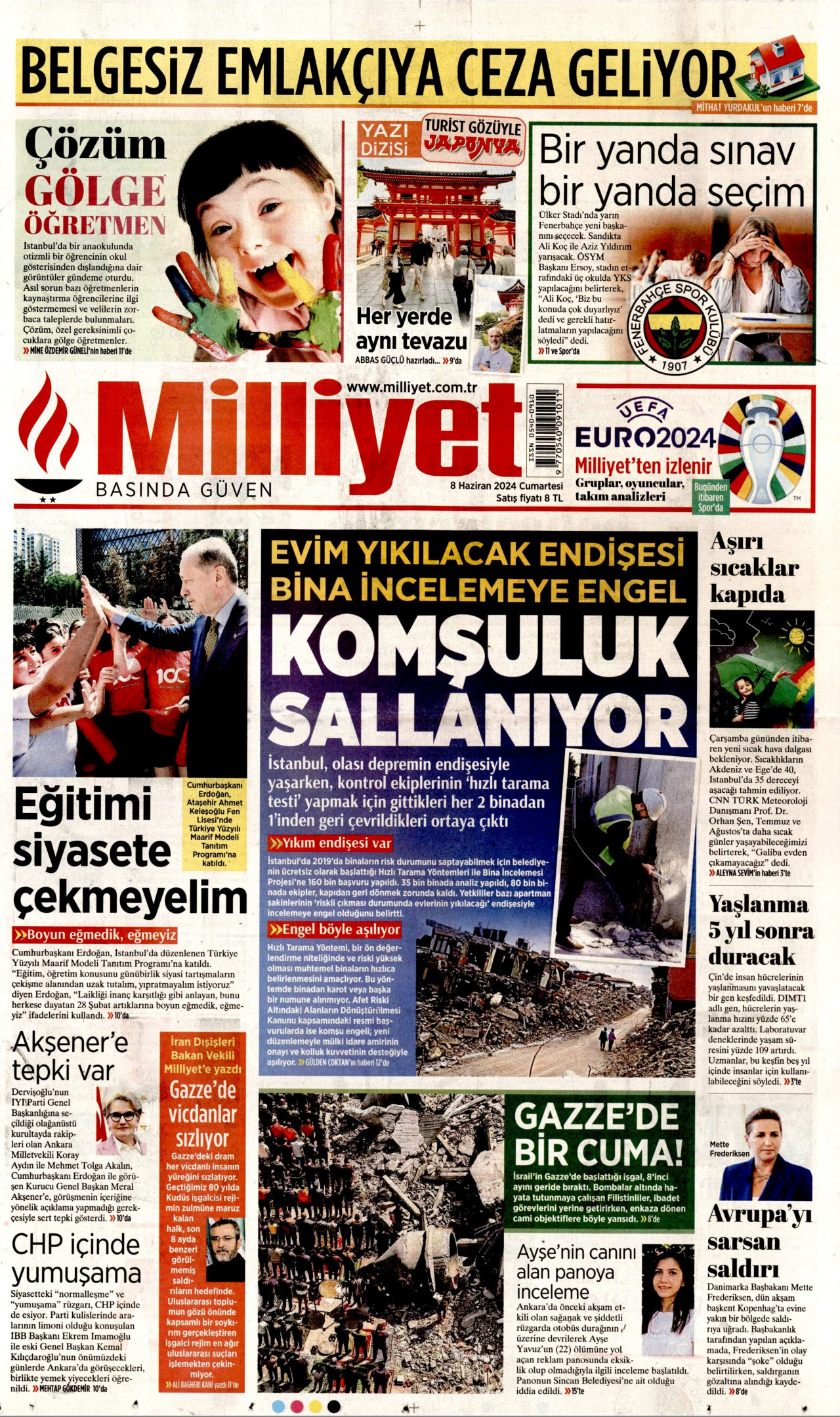 MİLLİYET gazetesinin 8 Haziran 2024 tarihli birinci sayfası