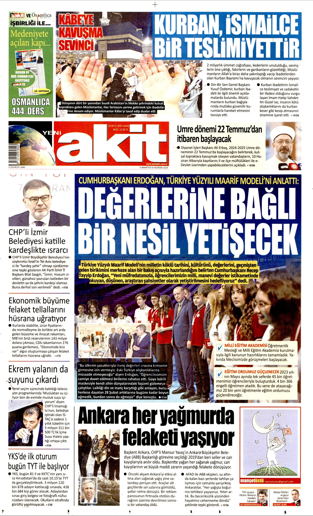 YENİ AKİT gazetesinin 8 Haziran 2024 tarihli birinci sayfası