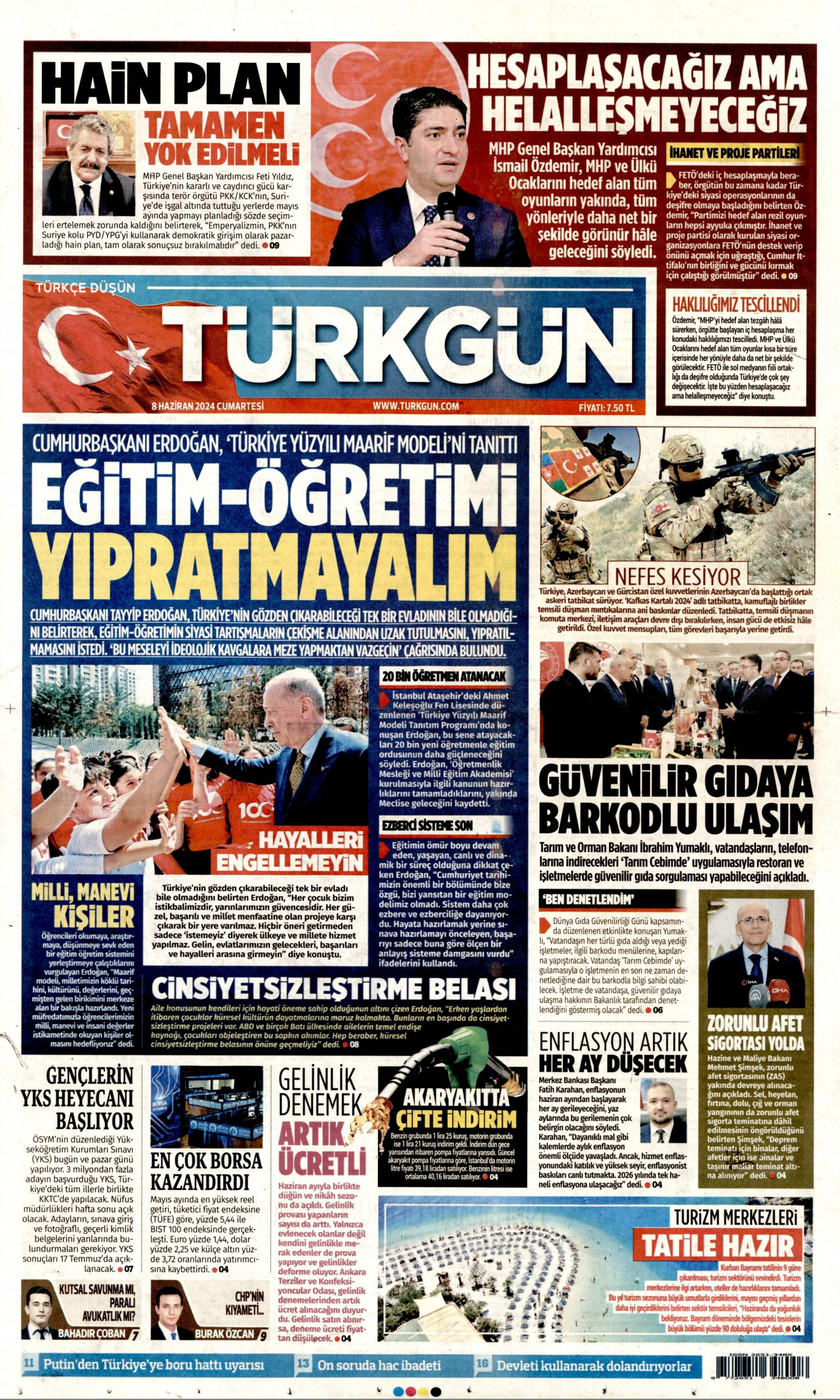 TÜRKGÜN gazetesinin 8 Haziran 2024 tarihli birinci sayfası