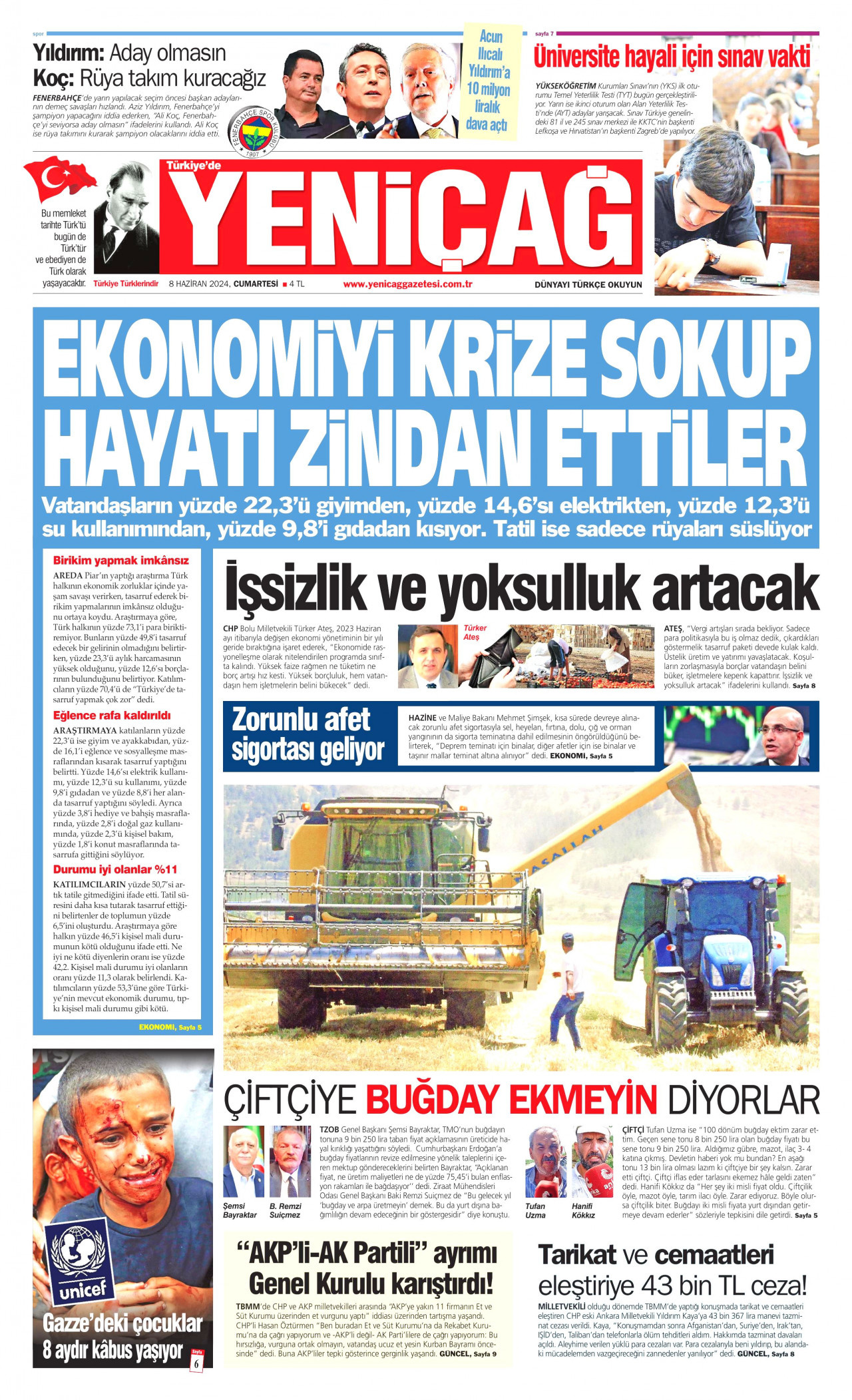 YENİÇAĞ gazetesinin 8 Haziran 2024 tarihli birinci sayfası