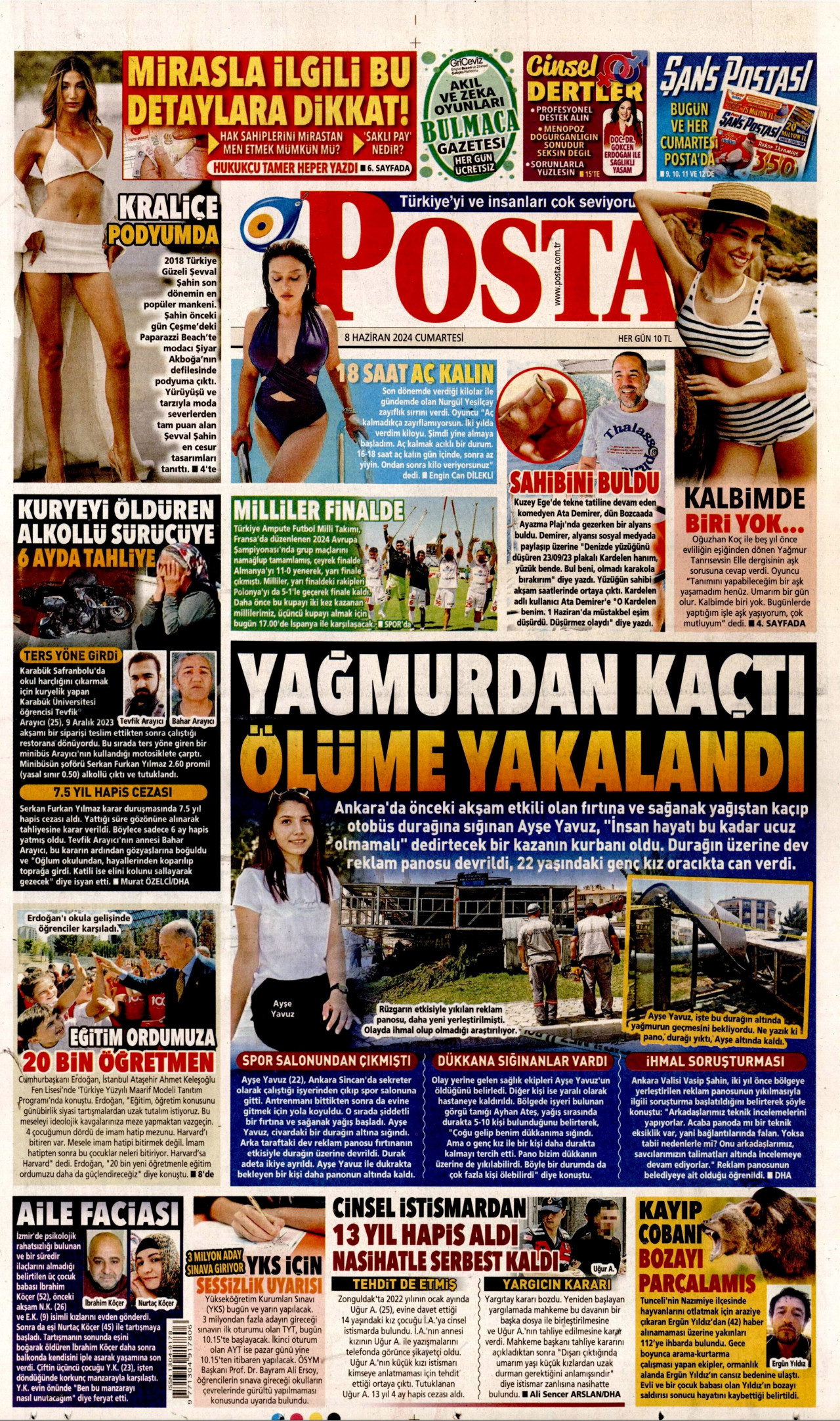 POSTA gazetesinin 8 Haziran 2024 tarihli birinci sayfası