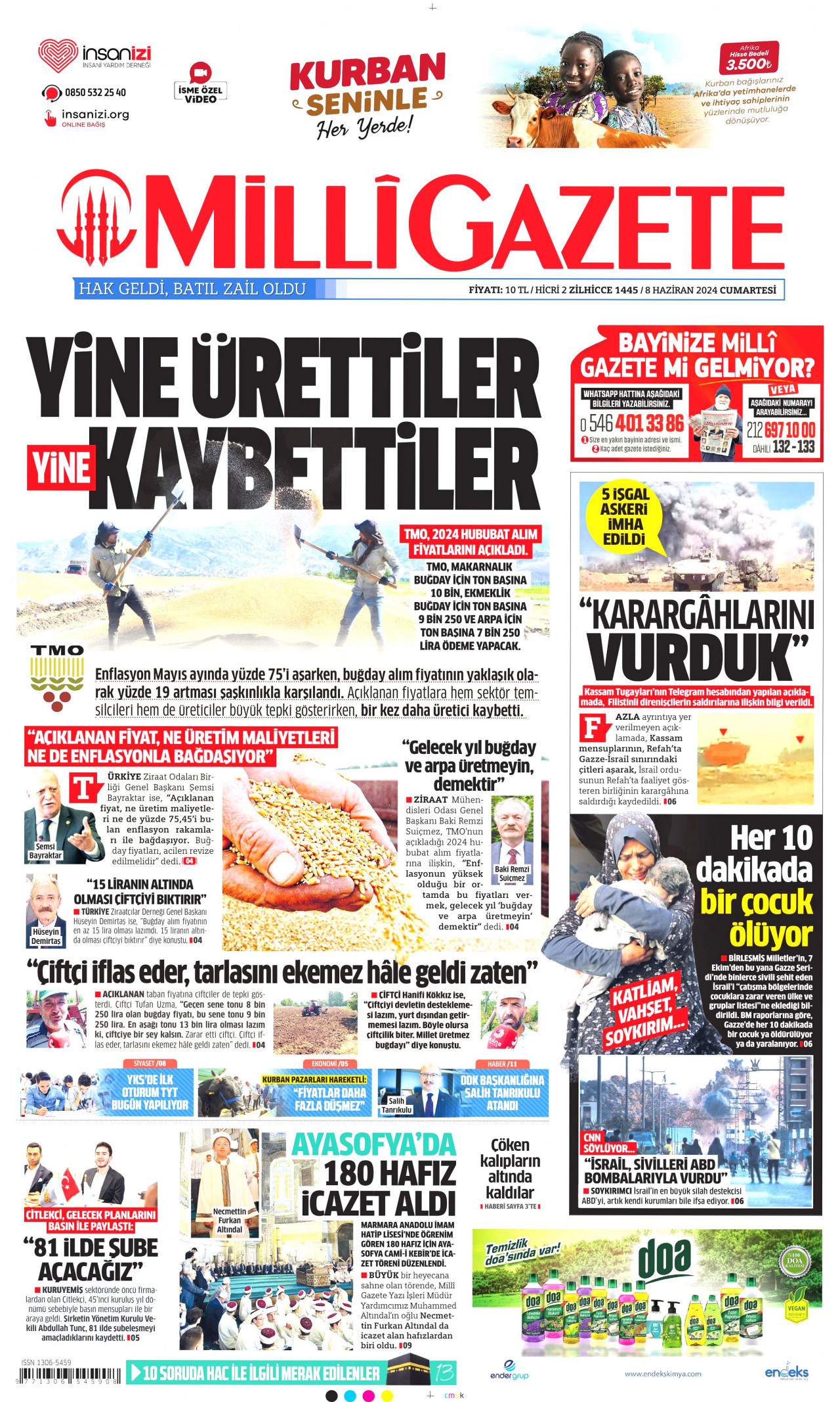 MİLLİ GAZETE gazetesinin 8 Haziran 2024 tarihli birinci sayfası