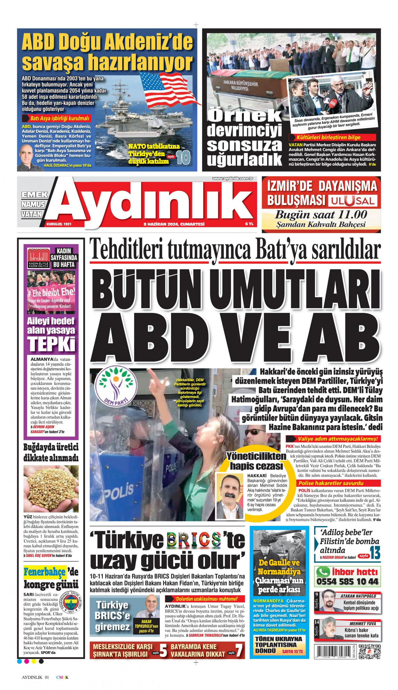AYDINLIK GAZETESİ gazetesinin 8 Haziran 2024 tarihli birinci sayfası