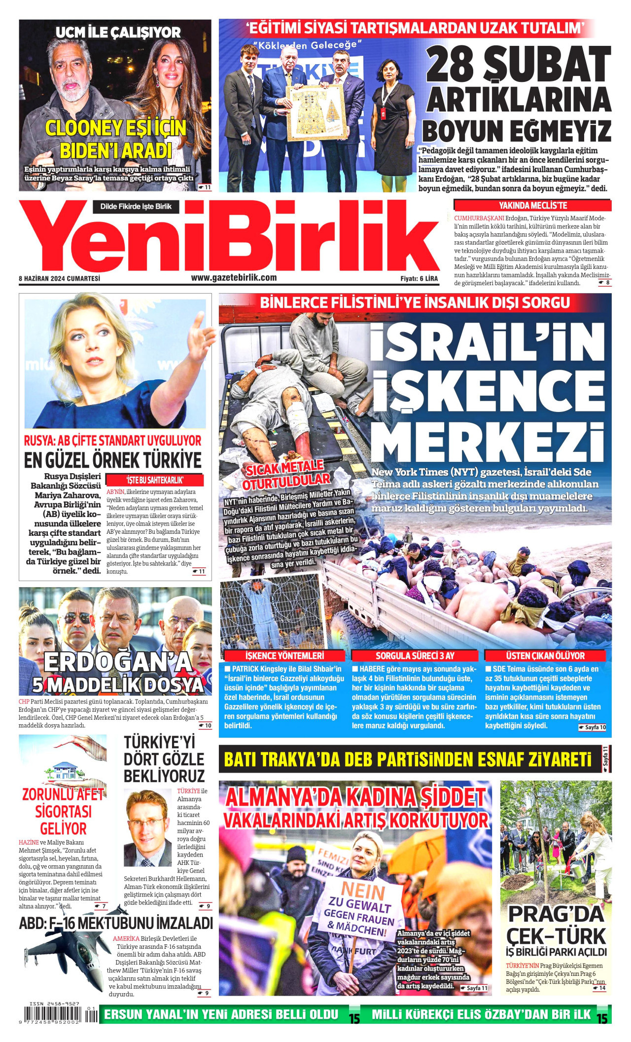 YENİBİRLİK gazetesinin 8 Haziran 2024 tarihli birinci sayfası